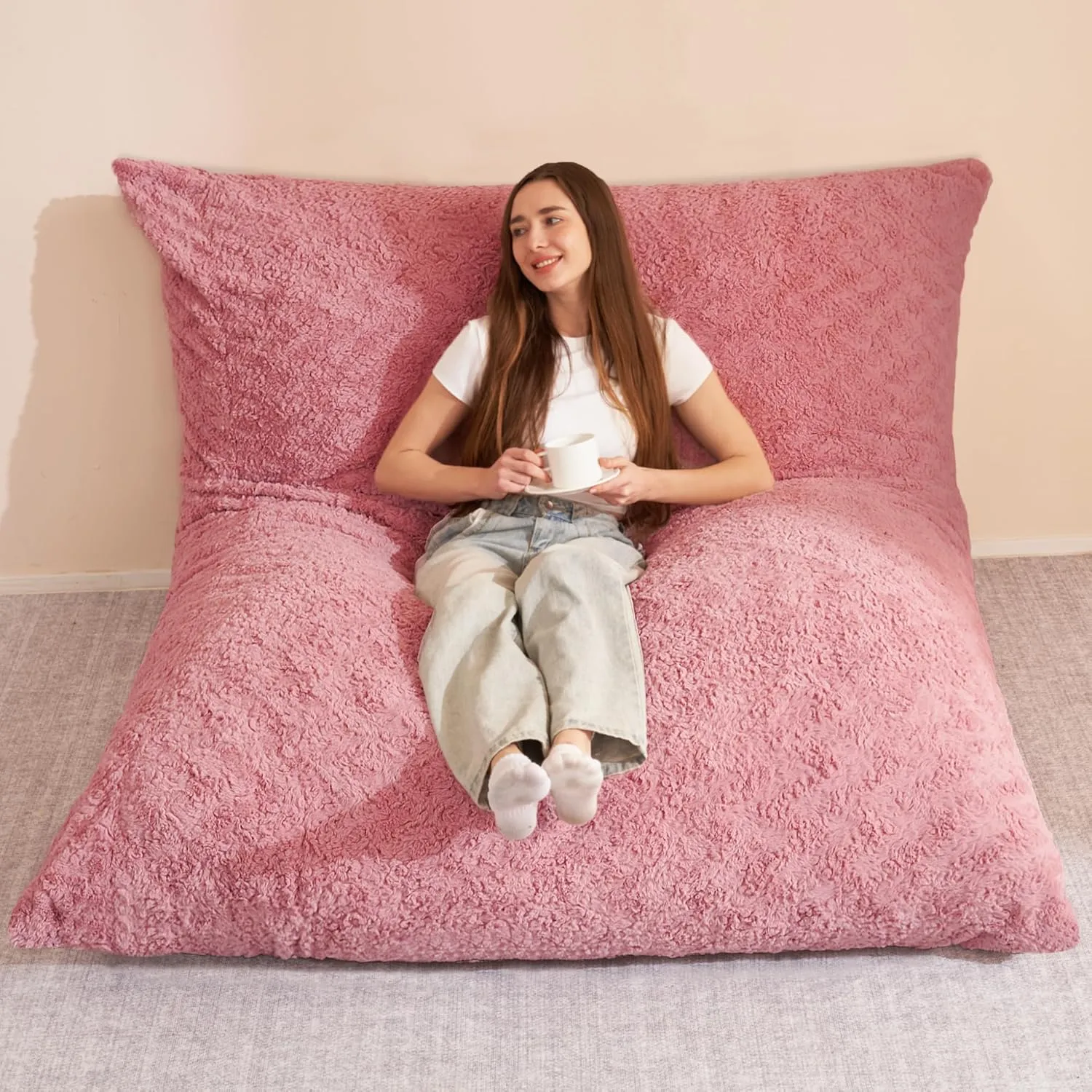 HABUTWAY 4 in 1 Bean Bag Chair, Giant Memory Foam Filling Bean Bag Sofa, Adult Bean Bag Chair, Machine Washable Faux Fur Cover, Bean Bag for Adult (Pink)