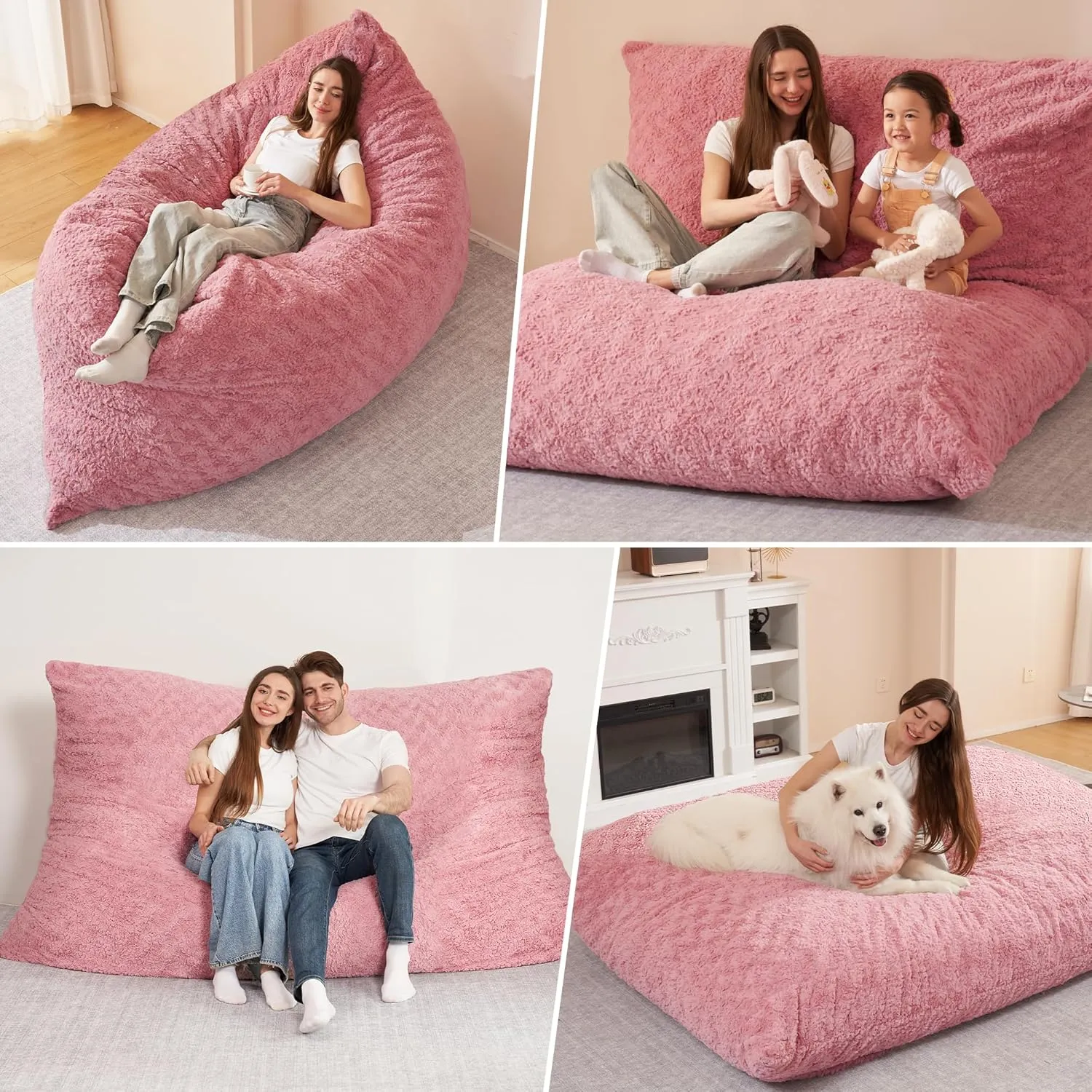 HABUTWAY 4 in 1 Bean Bag Chair, Giant Memory Foam Filling Bean Bag Sofa, Adult Bean Bag Chair, Machine Washable Faux Fur Cover, Bean Bag for Adult (Pink)