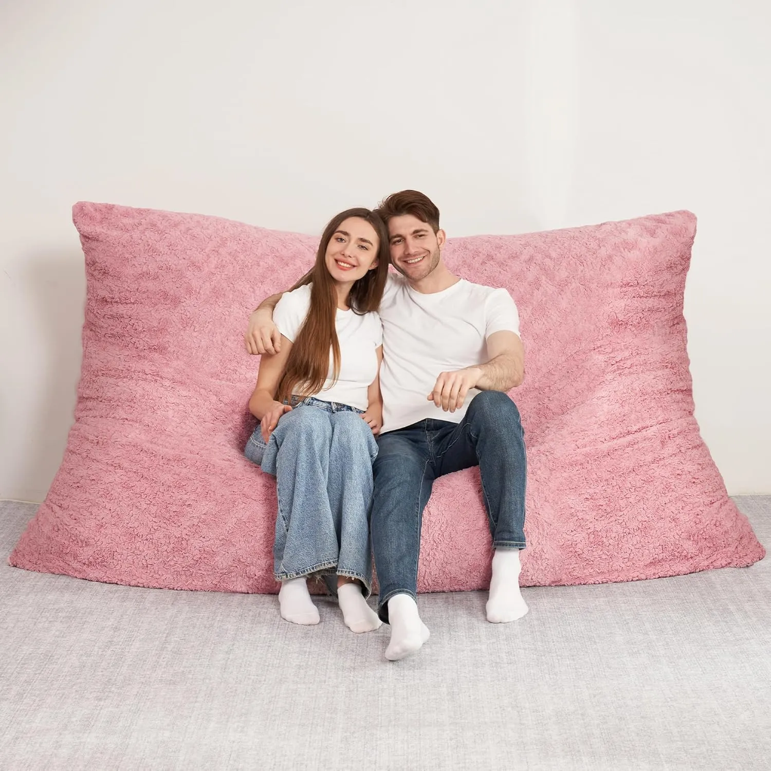 HABUTWAY 4 in 1 Bean Bag Chair, Giant Memory Foam Filling Bean Bag Sofa, Adult Bean Bag Chair, Machine Washable Faux Fur Cover, Bean Bag for Adult (Pink)