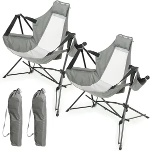 Hammock Camping Chair, Folding Portable Rocking Chair, Aluminum Alloy Adjustable Back Swinging Chair with Pillow Cup Holder, Recliner with Carry Bag for Outdoor Travel Lawn Backyard, Grey (2pcs)