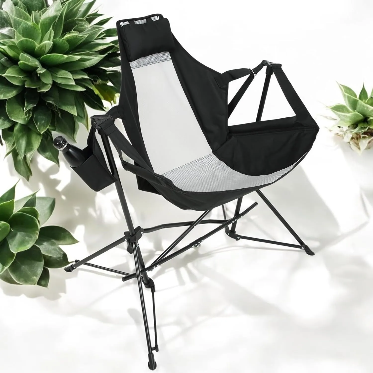 Hammock Camping Chair Set of 1 – Folding Portable Rocking Chair with Adjustable Back, Cup Holder, and Carry Bag, for Outdoor Travel and Relaxation (Black)