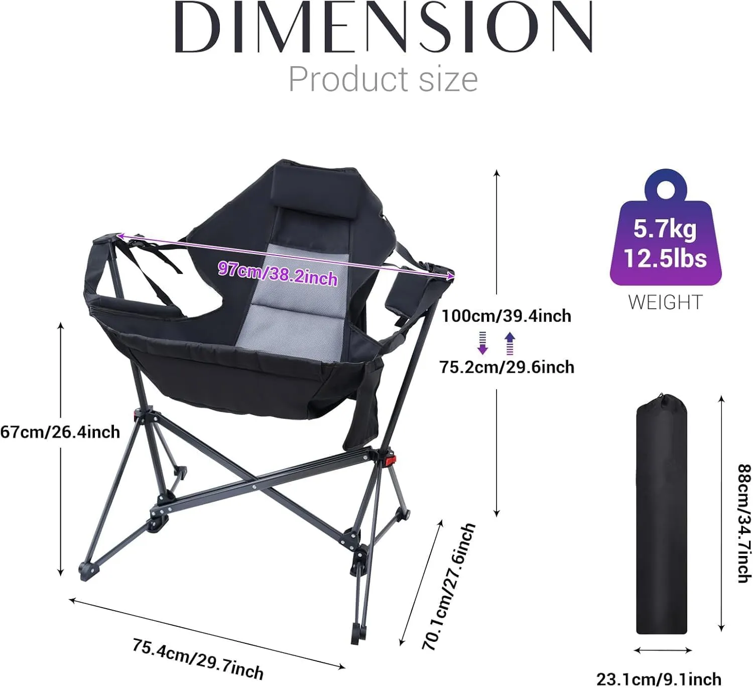 Hammock Camping Chair, Swing Chair, Swing Camping Chair, Adjustable Back Portable with Cup Holder, Pillow, and Carry Bag for Camping, Outdoor, Patio (1)