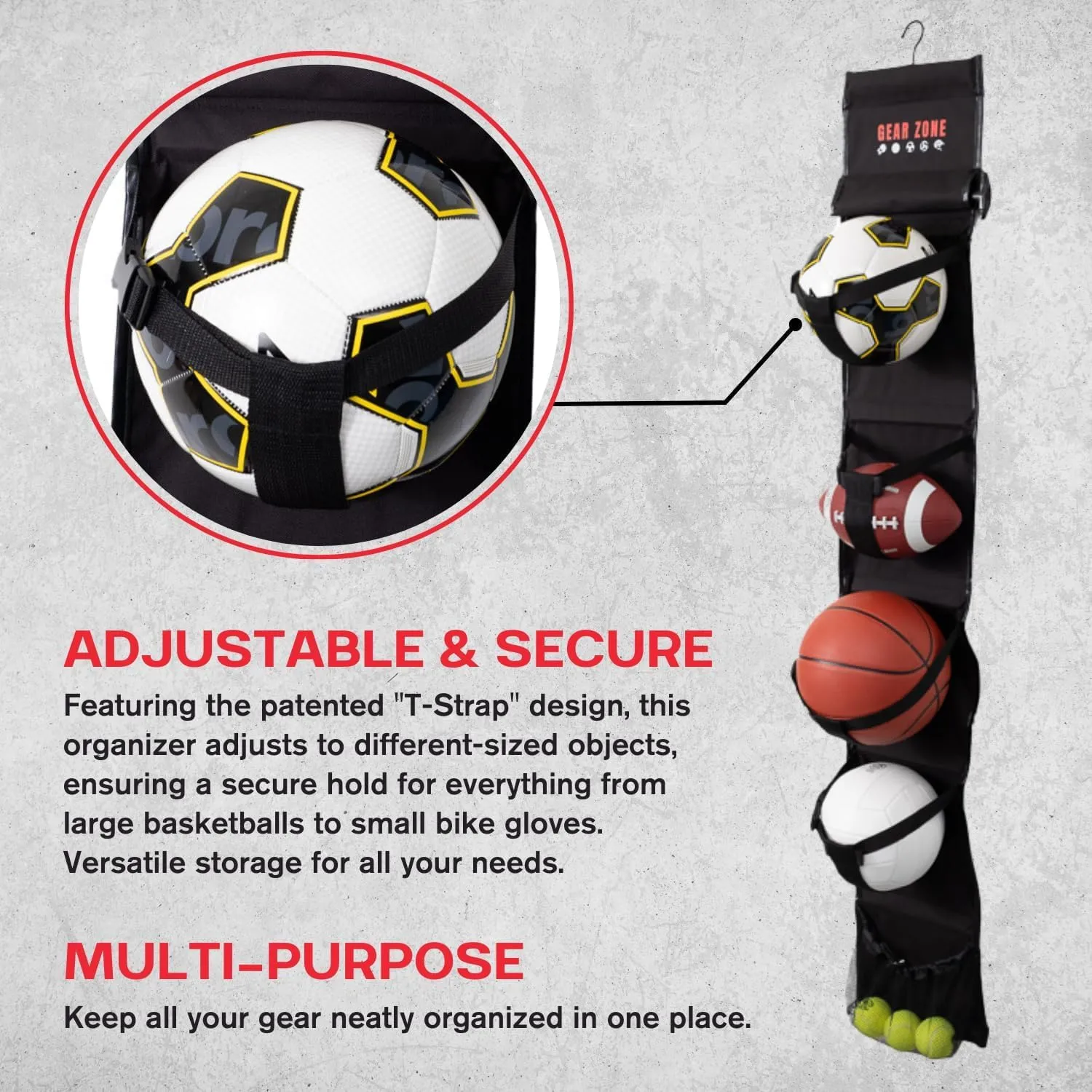 Hanging Sports Equipment Organizer | Multi-Purpose | Garage Sports Ball Storage | For Basketball Football Volleyball Tennis Soccer Biking | Toy Storage | Includes Hook & Pump