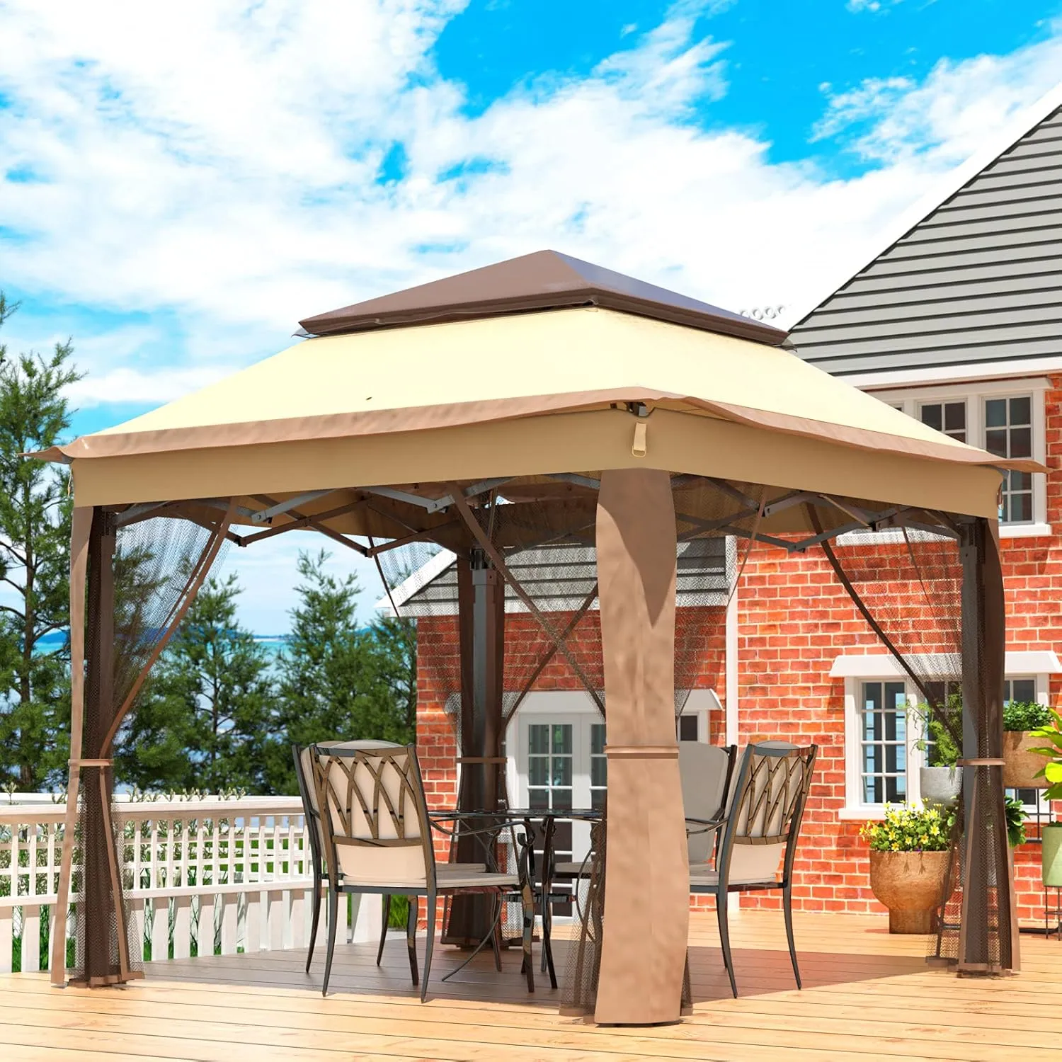 Happybuy Outdoor Canopy Gazebo Tent, Portable Canopy Shelter with 11'x11' Large Shade Space for Party, Backyard, Patio Lawn and Garden, 4 Sandbags, Carrying Bag and Netting Included, Brown