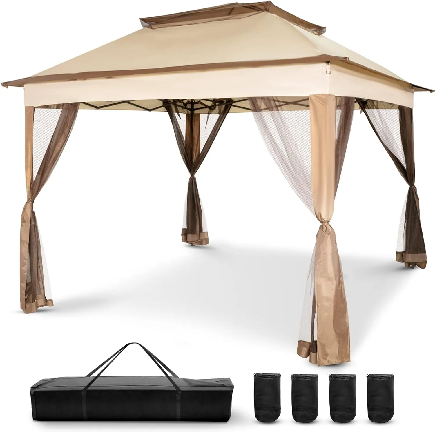 Happybuy Outdoor Canopy Gazebo Tent, Portable Canopy Shelter with 11'x11' Large Shade Space for Party, Backyard, Patio Lawn and Garden, 4 Sandbags, Carrying Bag and Netting Included, Brown