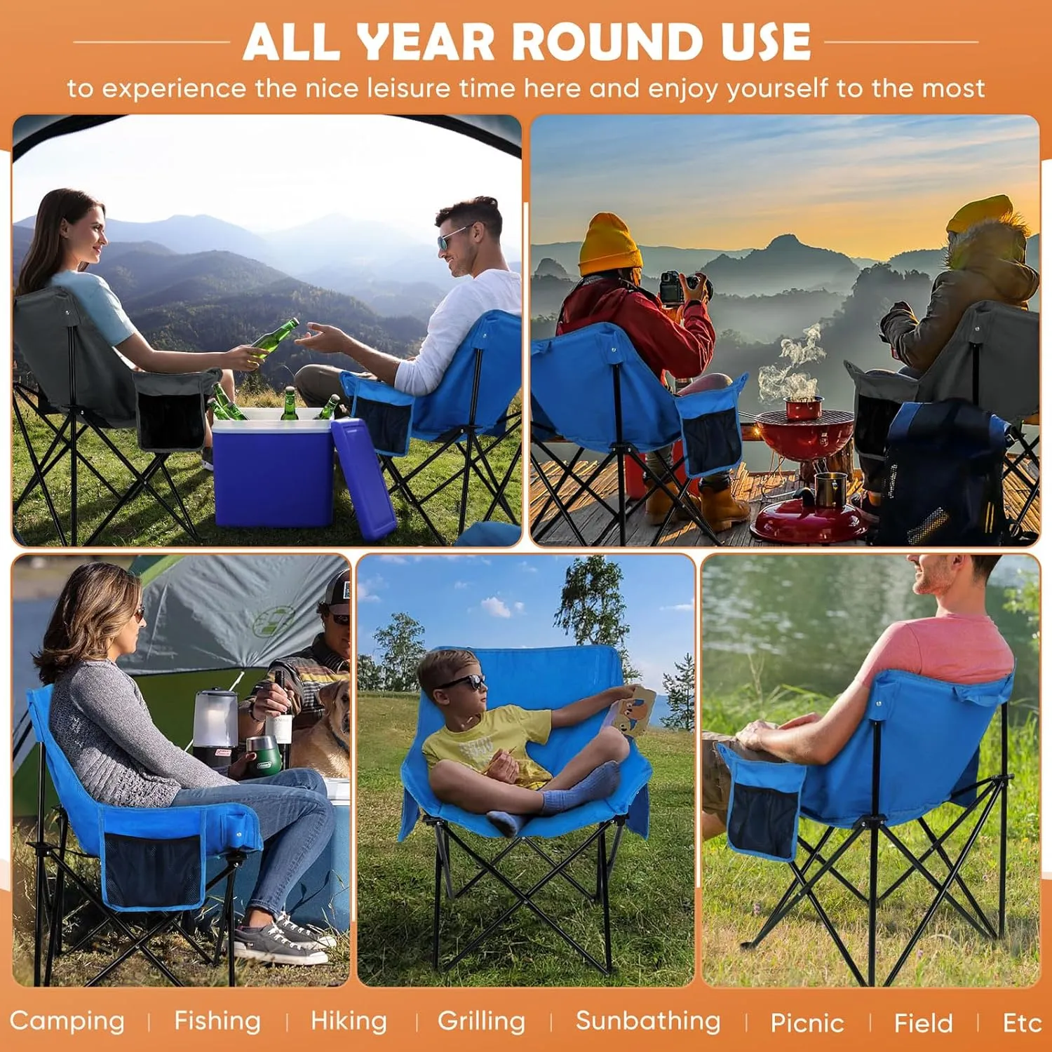 HaSteeL Camping Chair for Adults, Compact Folding Portable Chairs Set with Side Pockets for Outdoors Fishing, Hiking, Backpacking, Beach, Patio, Travel, Support 250lbs, & Storage Bags (Grey & Blue)