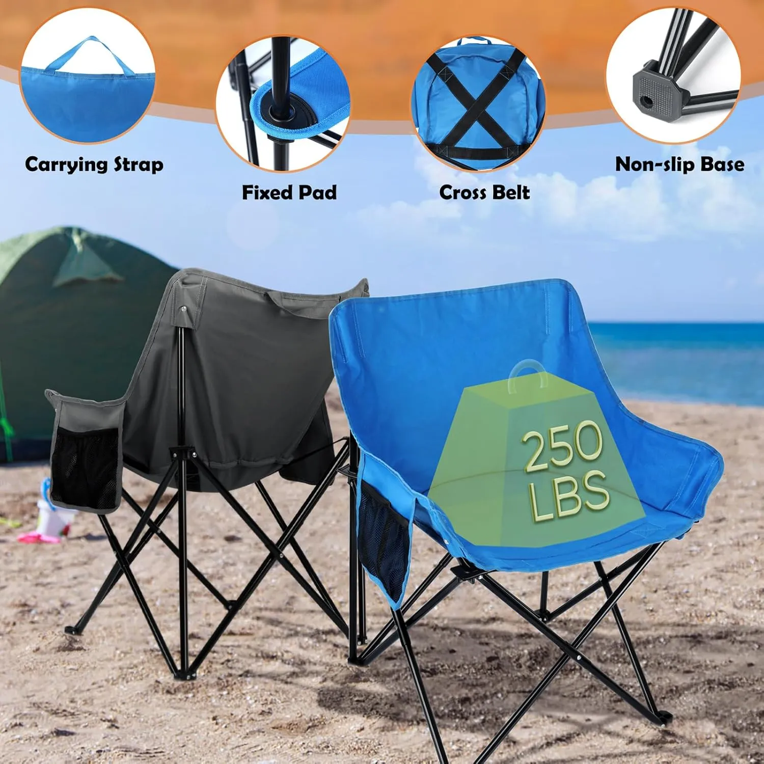 HaSteeL Camping Chair for Adults, Compact Folding Portable Chairs Set with Side Pockets for Outdoors Fishing, Hiking, Backpacking, Beach, Patio, Travel, Support 250lbs, & Storage Bags (Grey & Blue)