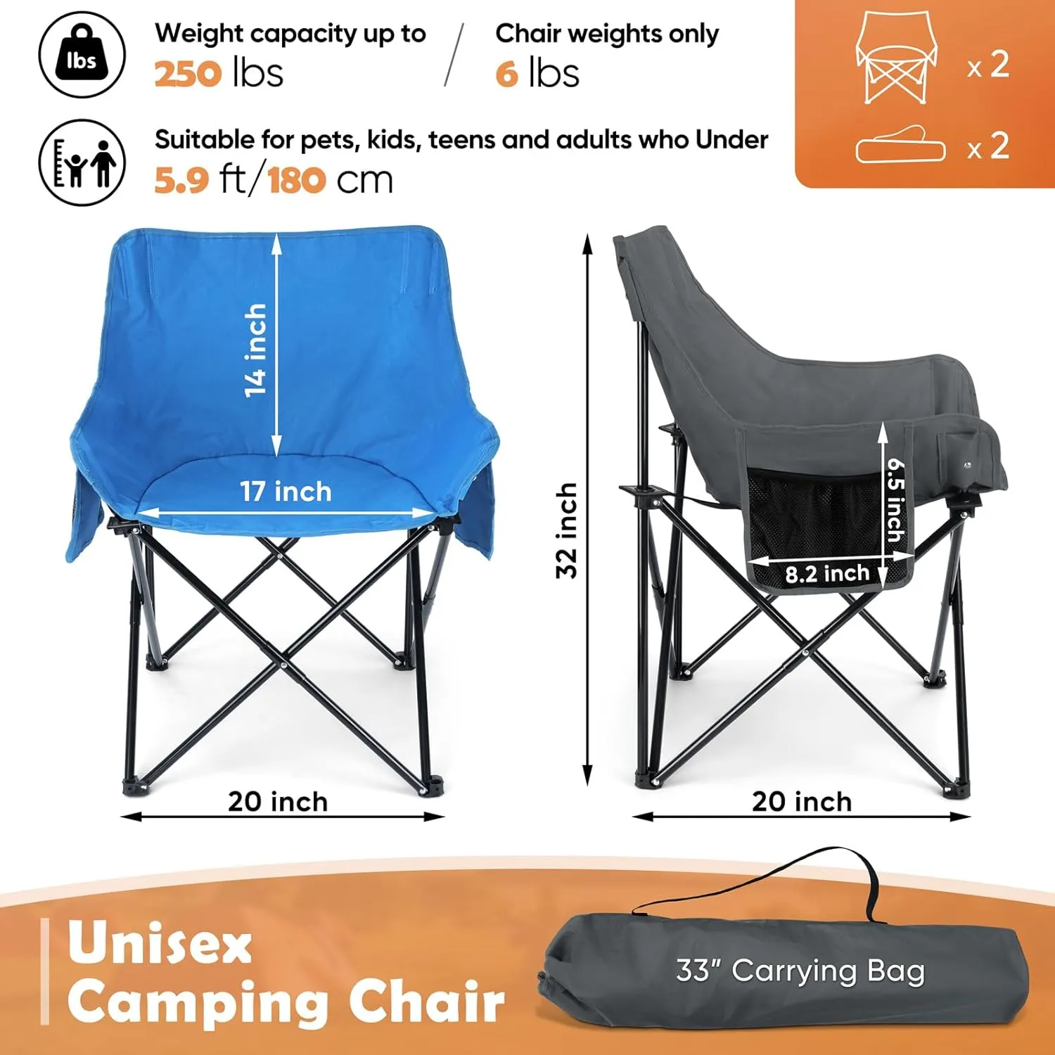 HaSteeL Camping Chair for Adults, Compact Folding Portable Chairs Set with Side Pockets for Outdoors Fishing, Hiking, Backpacking, Beach, Patio, Travel, Support 250lbs, & Storage Bags (Grey & Blue)