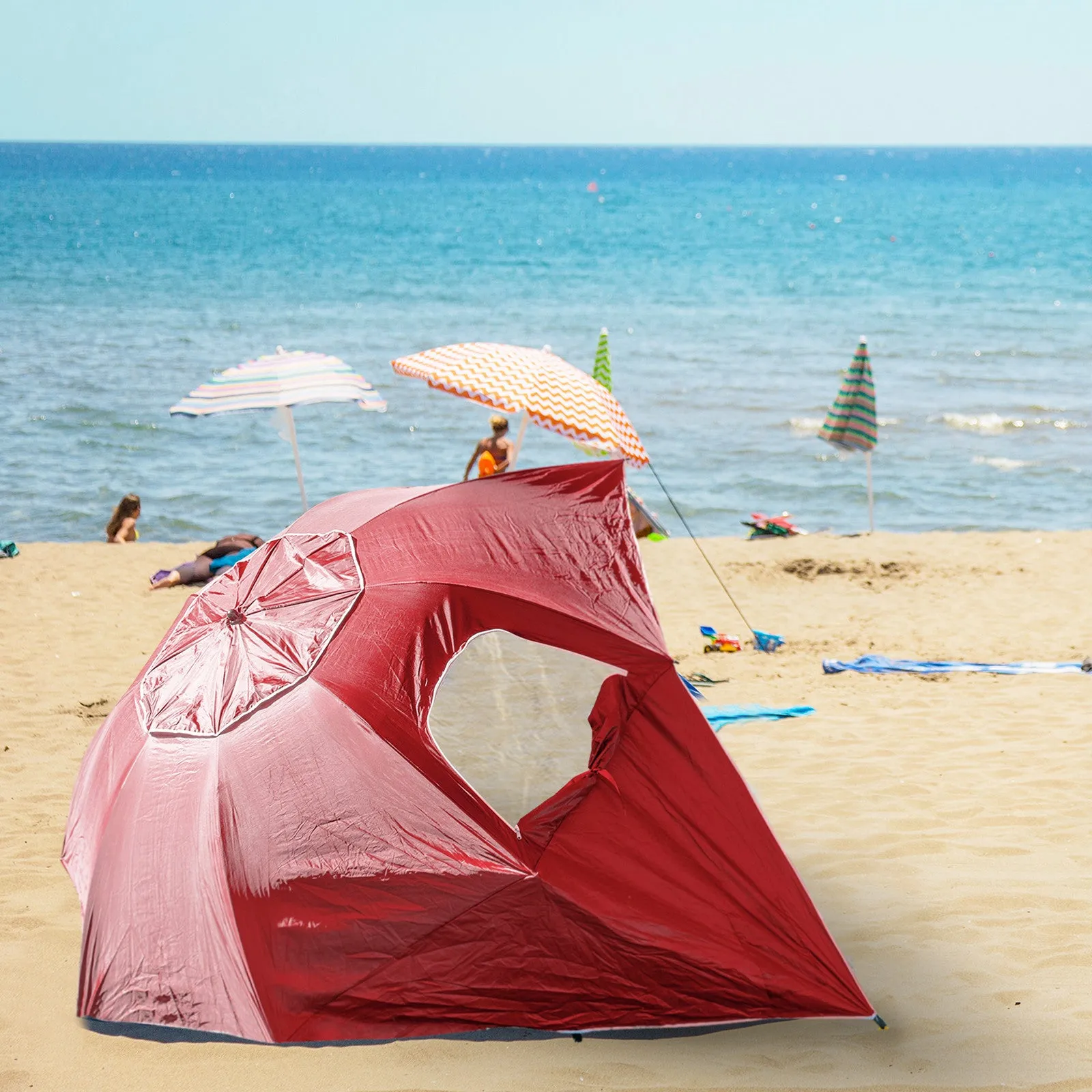Havana Outdoors Beach Umbrella 2.4M Outdoor Garden Beach Portable Shade Shelter - Red-VIC_Metro