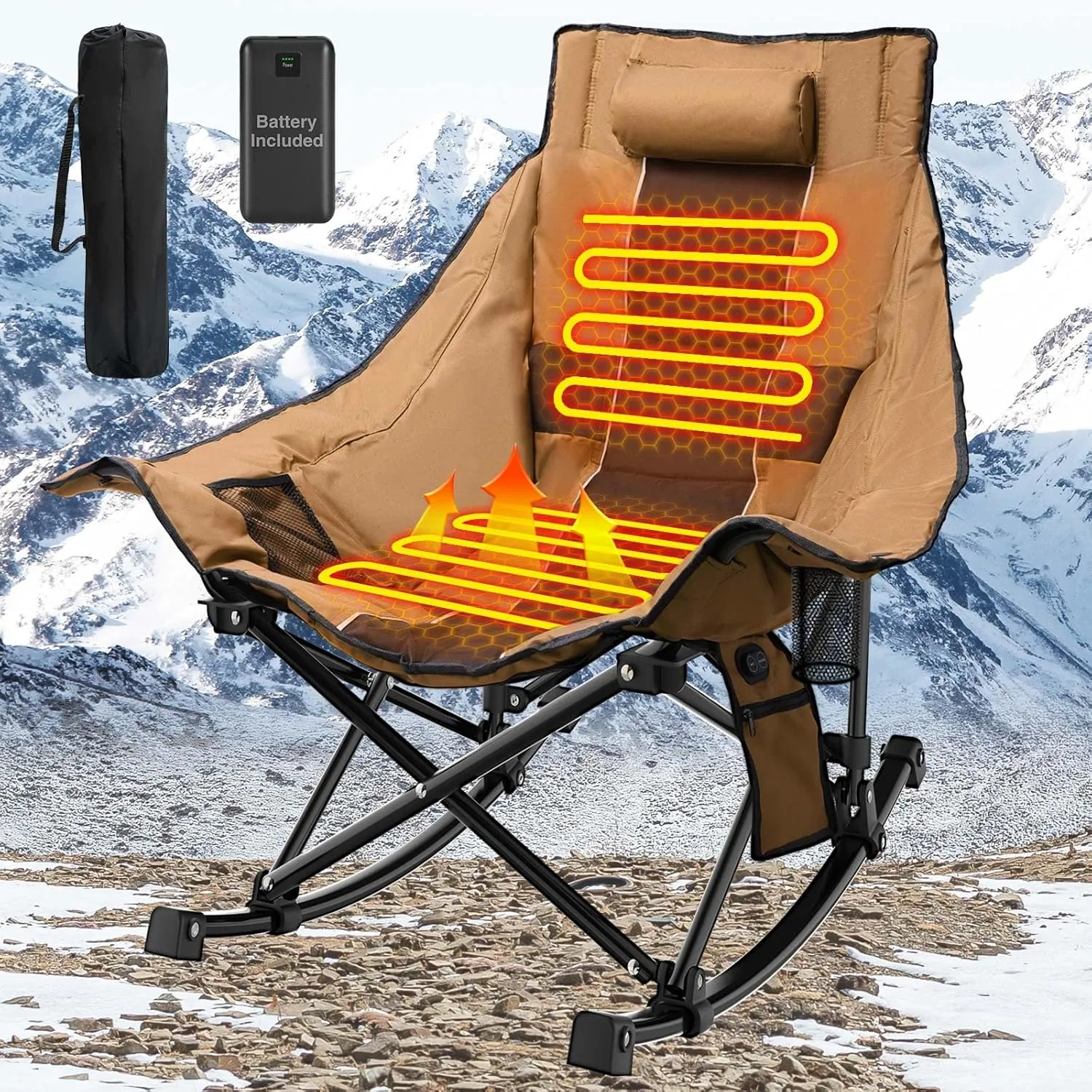 Heated Camping Chair Oversize, XL Heated Rocking Chair with 3 Levels for Back and Seat, Portable Outdoor Heated Folding Chair, Heavy Lawn Chair for Camping