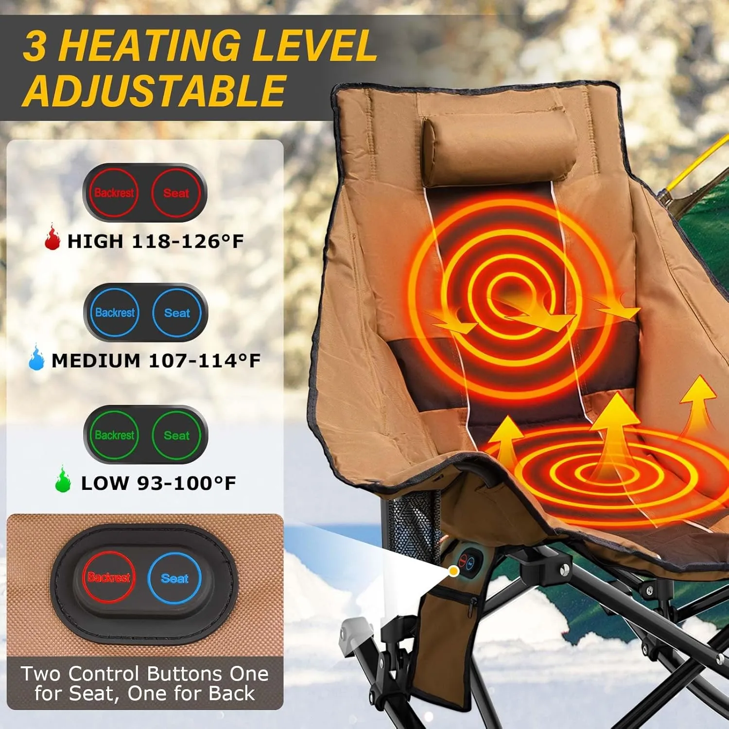 Heated Camping Chair Oversize, XL Heated Rocking Chair with 3 Levels for Back and Seat, Portable Outdoor Heated Folding Chair, Heavy Lawn Chair for Camping