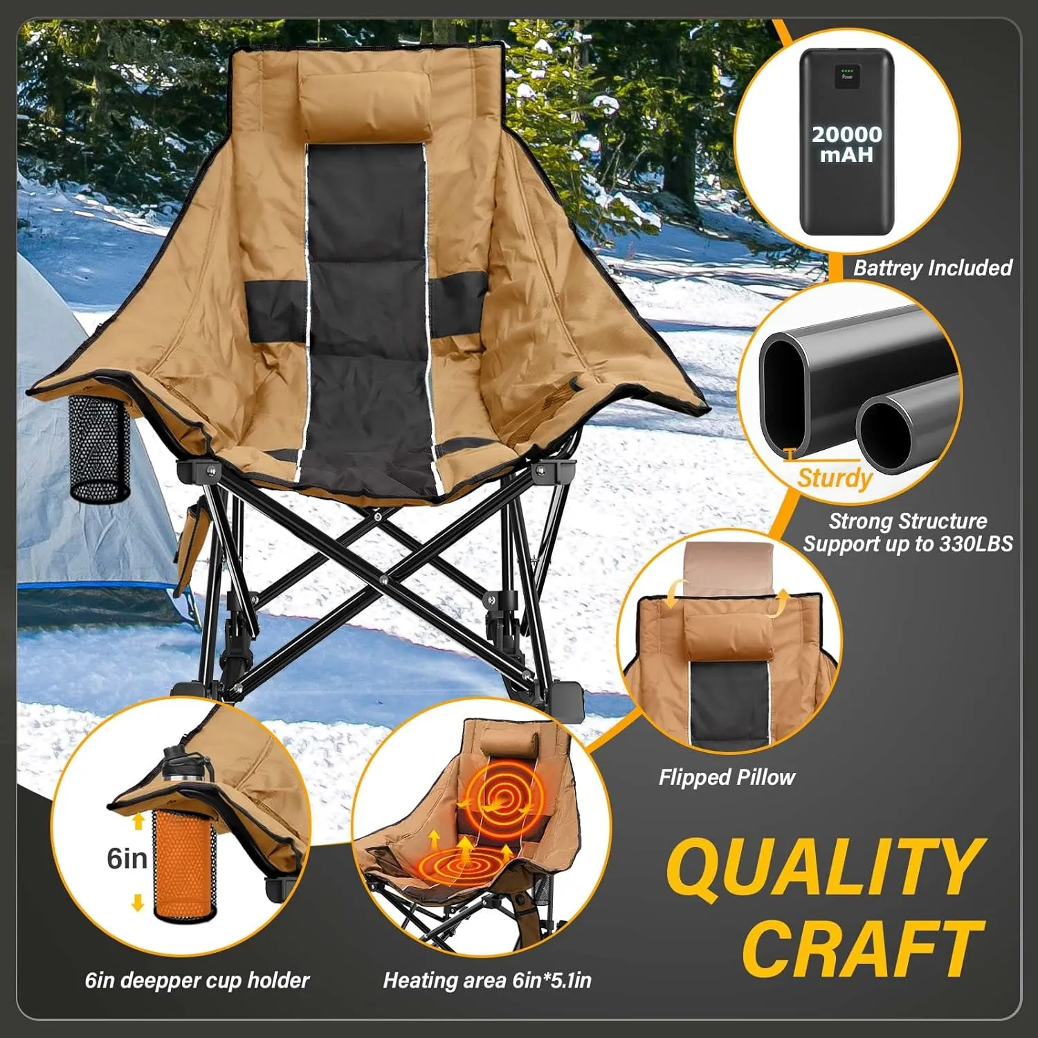 Heated Camping Chair Oversize, XL Heated Rocking Chair with 3 Levels for Back and Seat, Portable Outdoor Heated Folding Chair, Heavy Lawn Chair for Camping