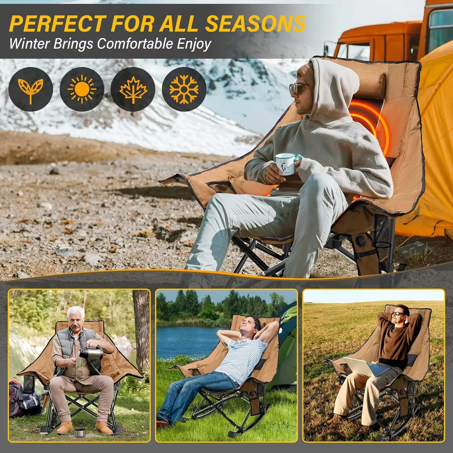 Heated Camping Chair Oversize, XL Heated Rocking Chair with 3 Levels for Back and Seat, Portable Outdoor Heated Folding Chair, Heavy Lawn Chair for Camping