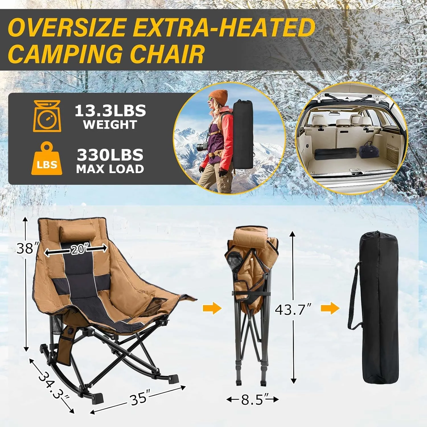 Heated Camping Chair Oversize, XL Heated Rocking Chair with 3 Levels for Back and Seat, Portable Outdoor Heated Folding Chair, Heavy Lawn Chair for Camping