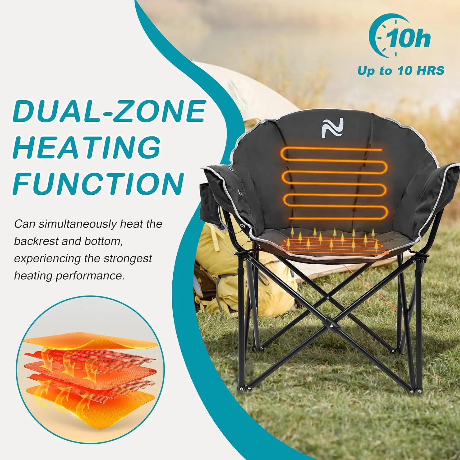 Heated Cushion Camping Chair with 3 Heat Levels, Oversized Folding Lounge Padded Camping Chair for Outdoor Sports, Lawn, Patio, Beach, and Picnic, Battery NOT Included, Black