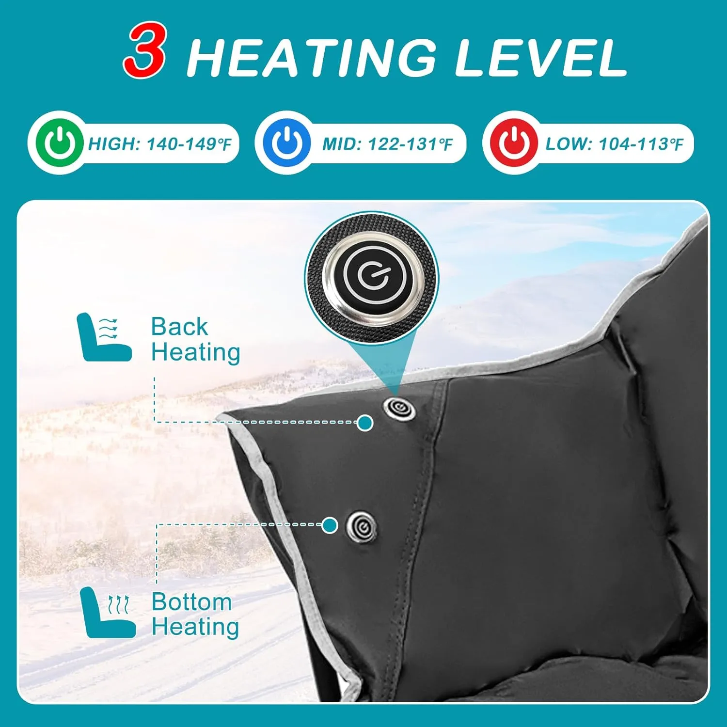 Heated Cushion Camping Chair with 3 Heat Levels, Oversized Folding Lounge Padded Camping Chair for Outdoor Sports, Lawn, Patio, Beach, and Picnic, Battery NOT Included, Black