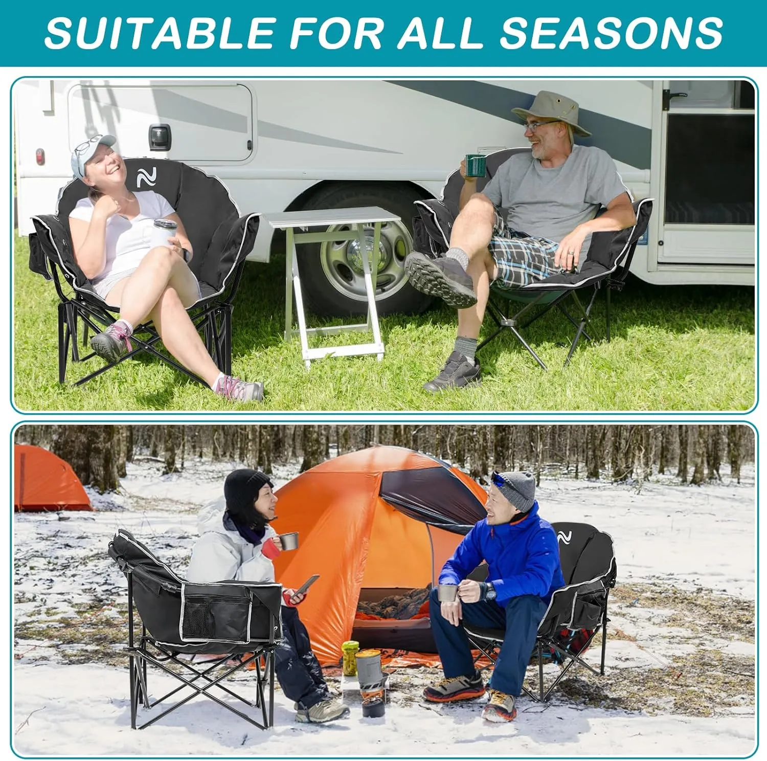 Heated Cushion Camping Chair with 3 Heat Levels, Oversized Folding Lounge Padded Camping Chair for Outdoor Sports, Lawn, Patio, Beach, and Picnic, Battery NOT Included, Black