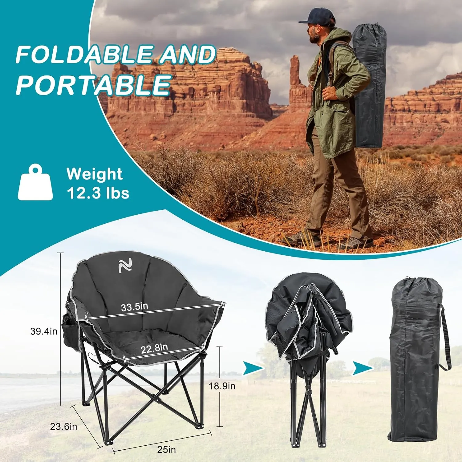 Heated Cushion Camping Chair with 3 Heat Levels, Oversized Folding Lounge Padded Camping Chair for Outdoor Sports, Lawn, Patio, Beach, and Picnic, Battery NOT Included, Black