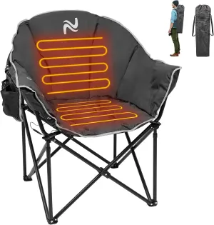 Heated Cushion Camping Chair with 3 Heat Levels, Oversized Folding Lounge Padded Camping Chair for Outdoor Sports, Lawn, Patio, Beach, and Picnic, Battery NOT Included, Black