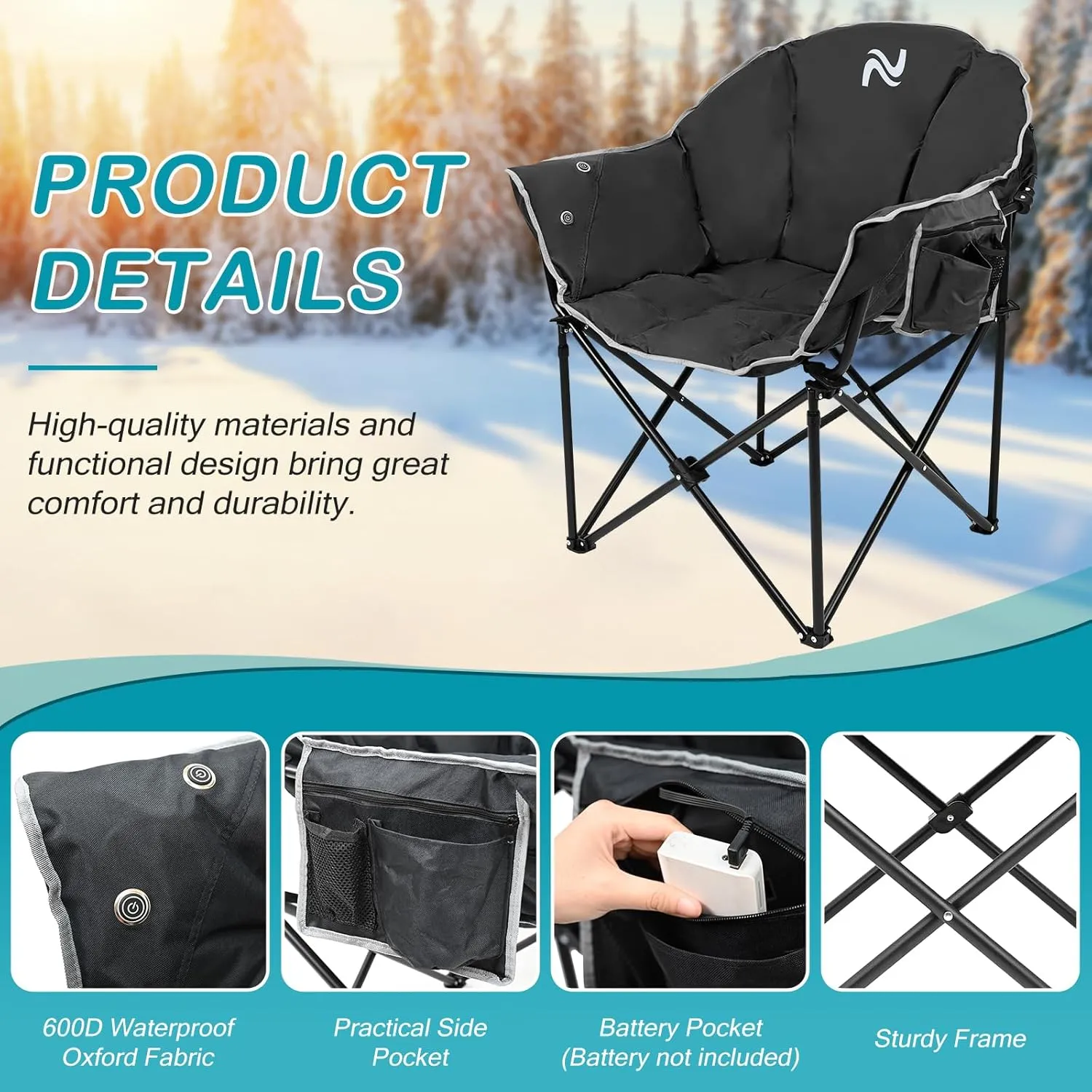 Heated Cushion Camping Chair with 3 Heat Levels, Oversized Folding Lounge Padded Camping Chair for Outdoor Sports, Lawn, Patio, Beach, and Picnic, Battery NOT Included, Black