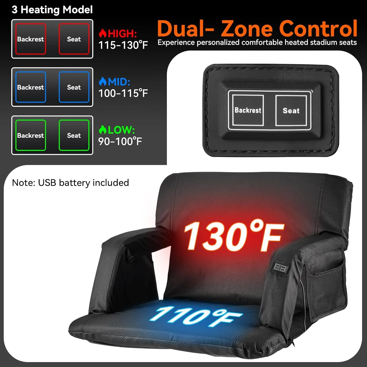 Heated Stadium Seats for Bleachers, Heated Bleacher Seat with Backrest with 10,000mAh, Folding Stadium Seat Bleacher Chair with Armrests, Portable Stadium Chairs for Outdoor Sport Events