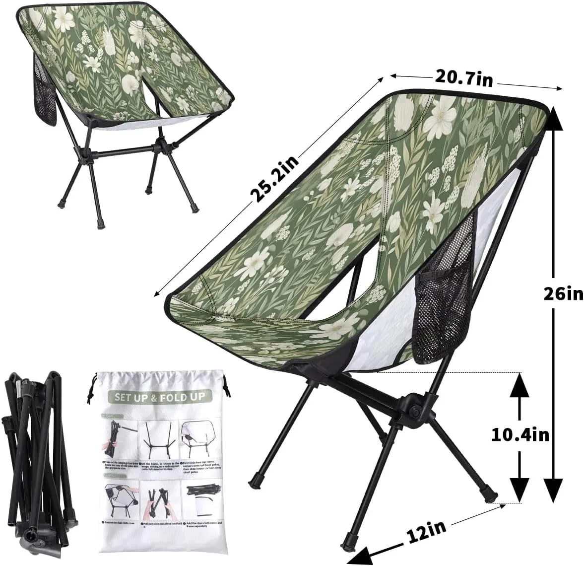 Herbs Flowers Portable Camping Chair Backpacking Chair Ultra Lightweight Compact Folding Chairs for Outside Beach Picnic Hiking