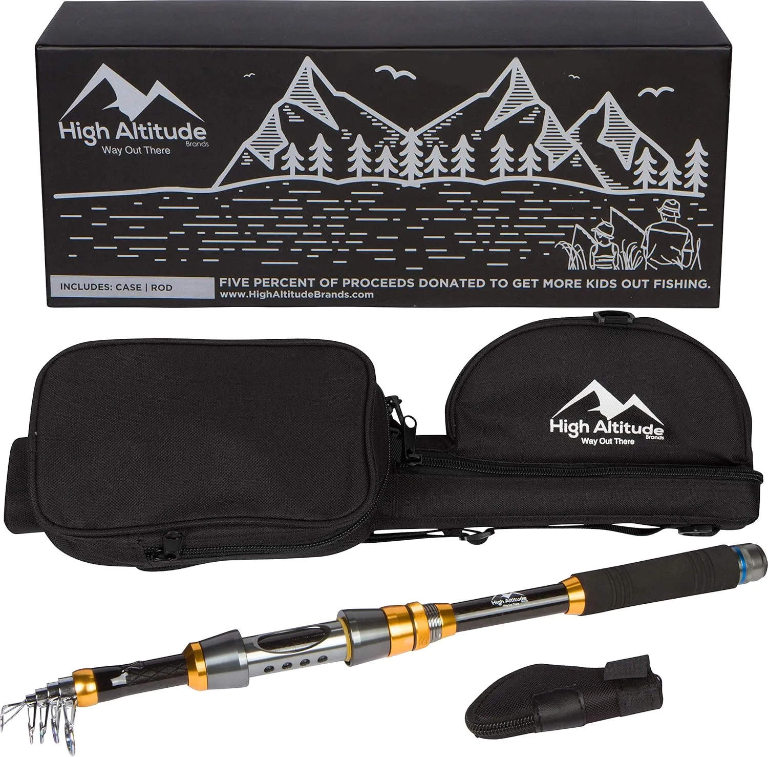 High Altitude Brands Lightweight Portable Telescopic Fishing Pole, Case and Available with Spinning Reel Rod Combo, Motorcycle, Car, Hiking, Backpacking, Wheelchair Travel Gear, Collapsible Poles