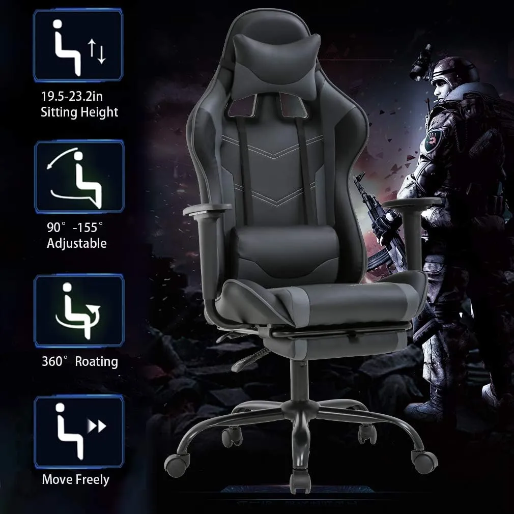 High-Back Office Chair Ergonomic PC Gaming Chair Cheap Desk Chair Executive PU Leather Rolling Swivel Computer Chair with Lumbar Support, Grey