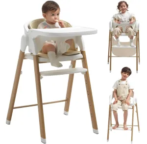 High Chair for Babies and Toddlers Adjustable Foldable Convertible 5 Point Harness Easy Clean Wood-Printed Metal with Removable Tray Baby Highchair for Family (White&Natural Wood-Printed Metal)