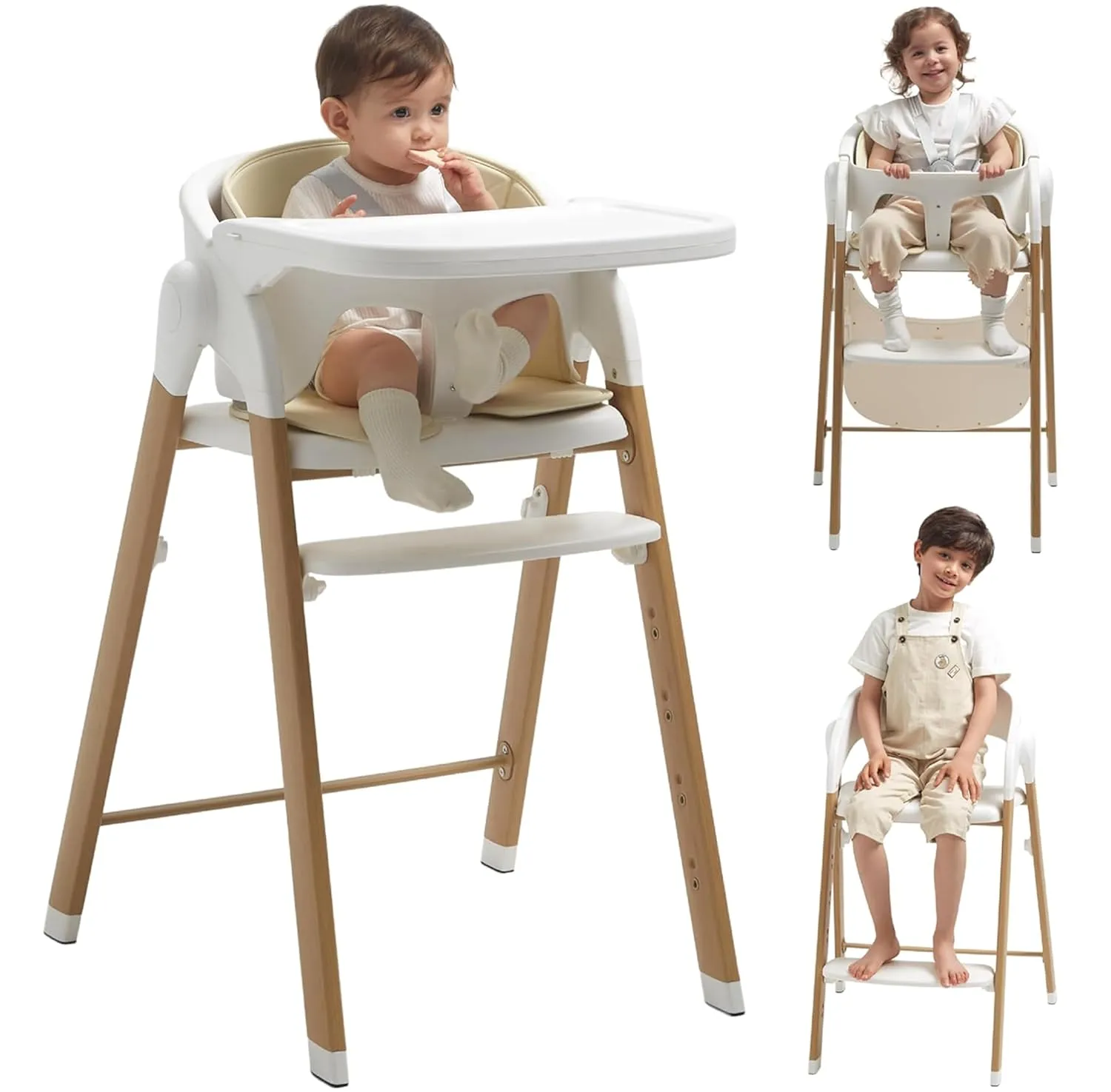 High Chair for Babies and Toddlers Adjustable Foldable Convertible 5 Point Harness Easy Clean Wood-Printed Metal with Removable Tray Baby Highchair for Family (White&Natural Wood-Printed Metal)