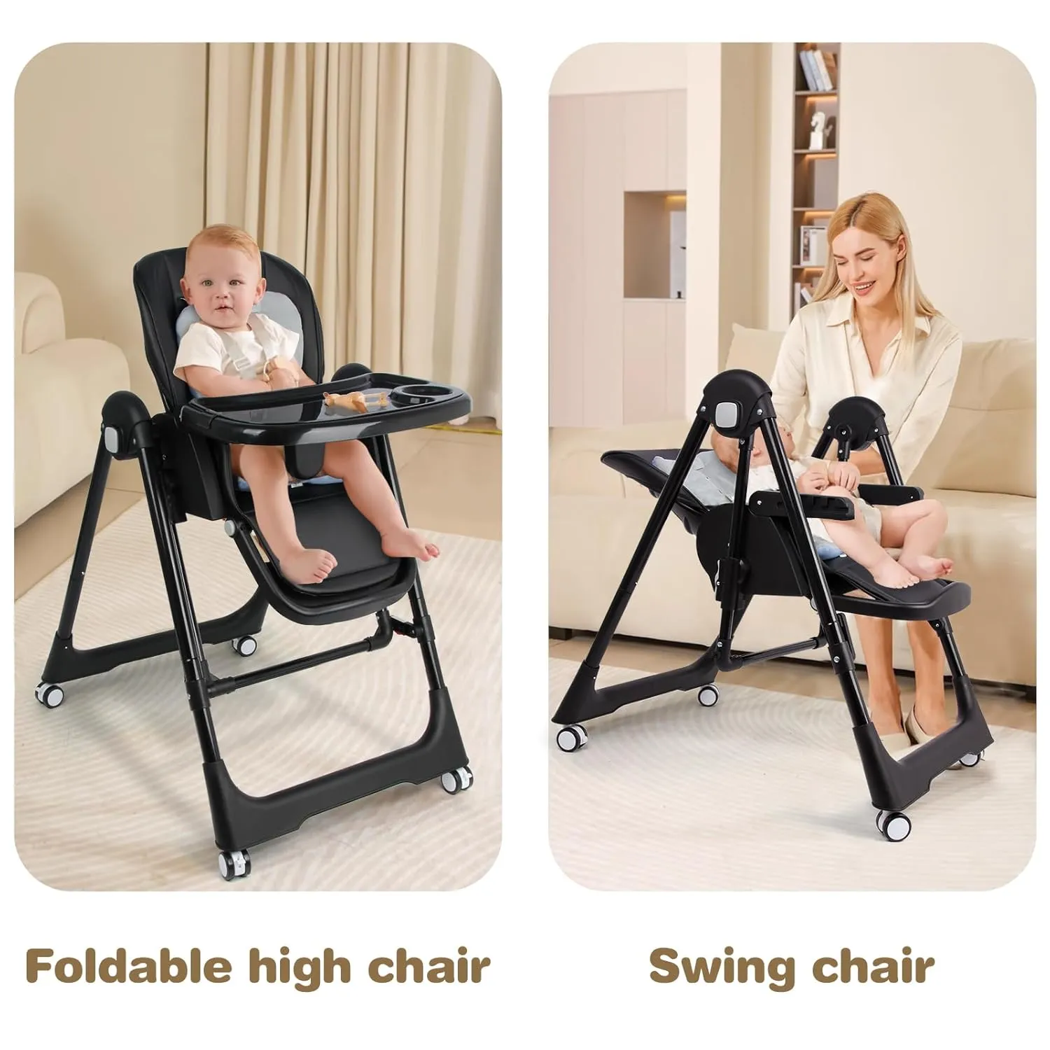 High Chairs for Babies and Toddlers Foldable High Chair Adjustable with Reclining Seat & Leg Rest, 3-in-1 Convertible Baby Swings with Tool-Free Assembly (Black)