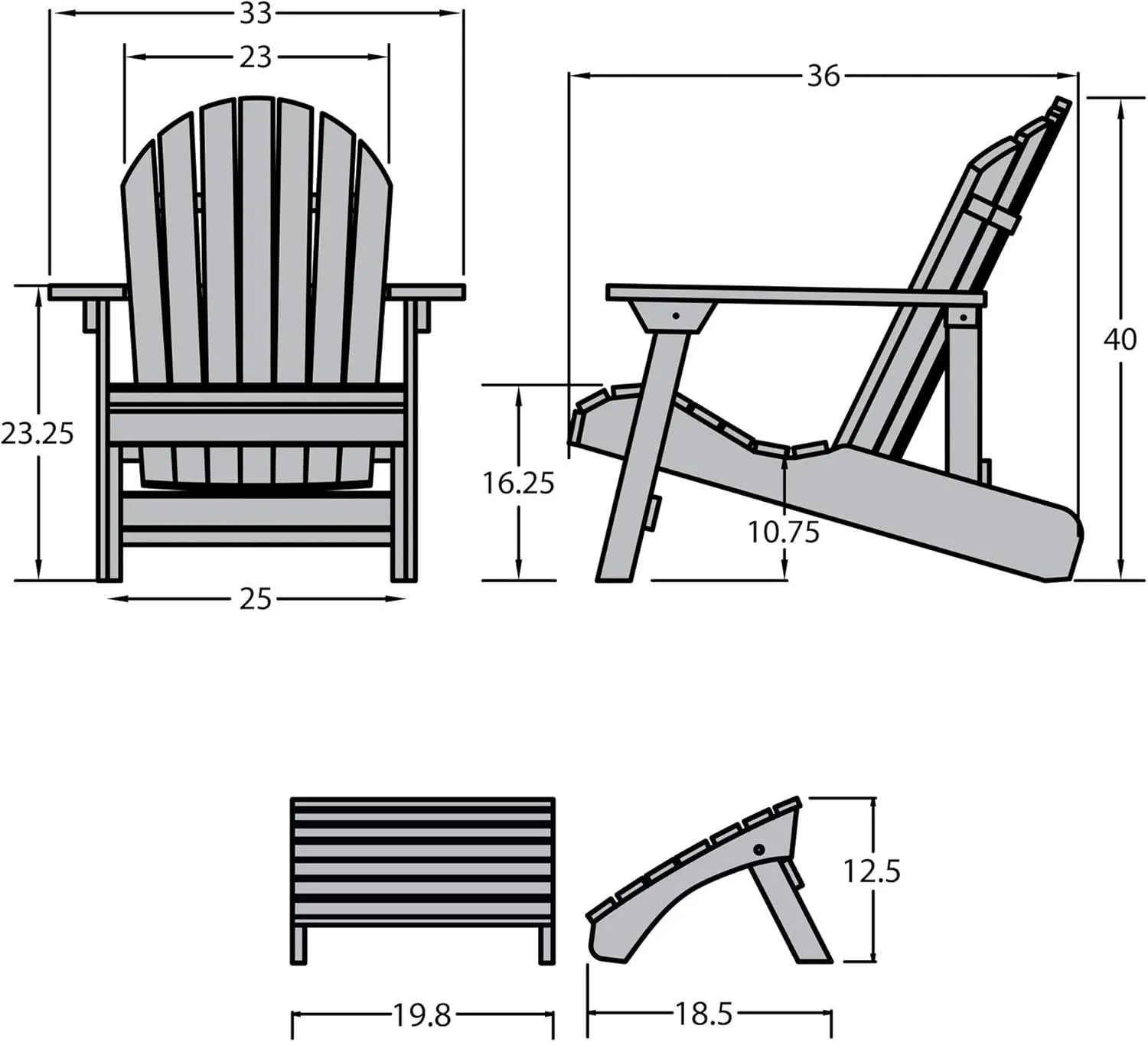 Highwood Hamilton King Size Folding & Reclining Adirondack Chair with Ottoman, Black