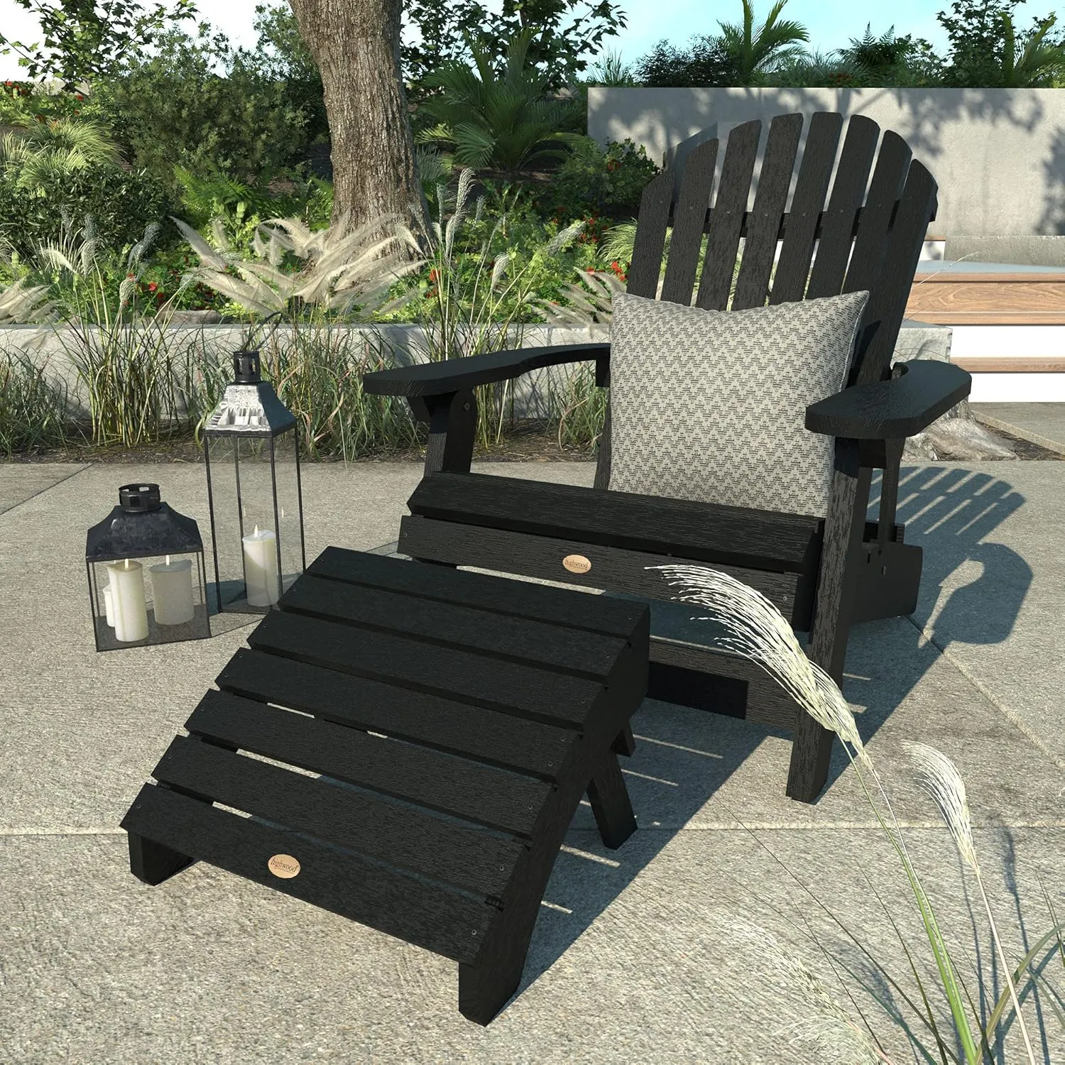 Highwood Hamilton King Size Folding & Reclining Adirondack Chair with Ottoman, Black