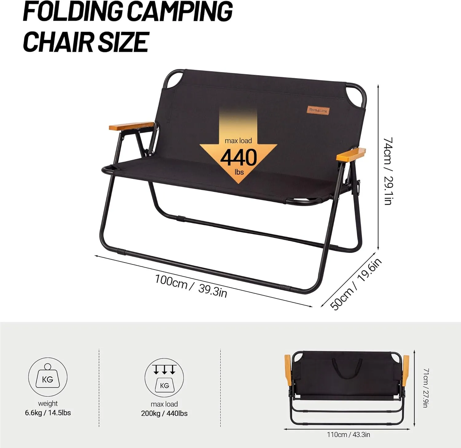 Himalaya Double Camping Chair Sofa Loveseat, Oversized Folding Bench Chair Seating Camp Chairs for Indoor Outdoor Lawn Soccer Sports Patio Beach (1 Pack Double Black)
