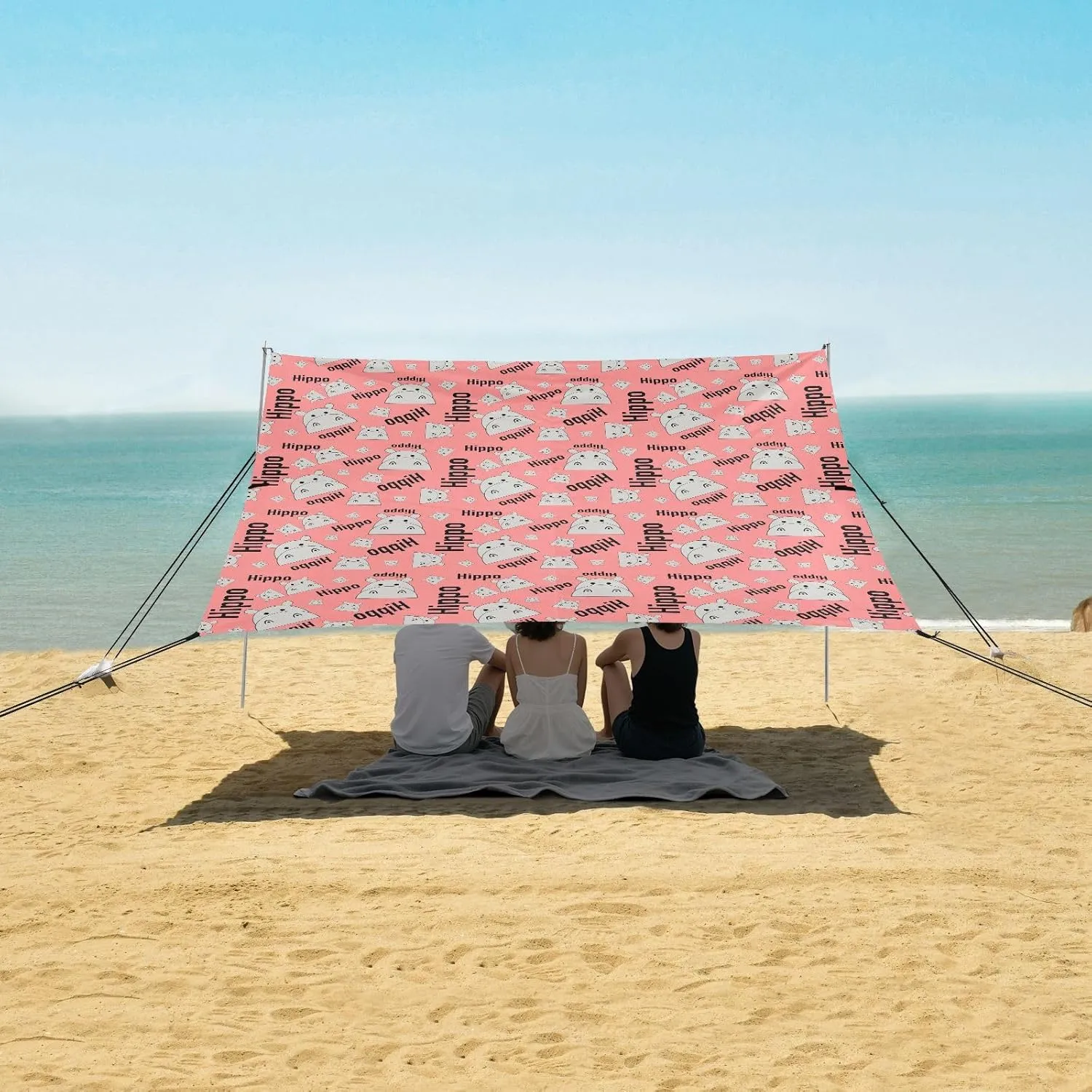 Hippopotamus Cartoon Character Beach Canopy Tent Anti-UV & Wind Resistant, Camping Sun Shelter Easy Setup Portable,Outdoor Shade Tents with Sandbags,Sand Shovels,Ground Pegs & Stability Poles