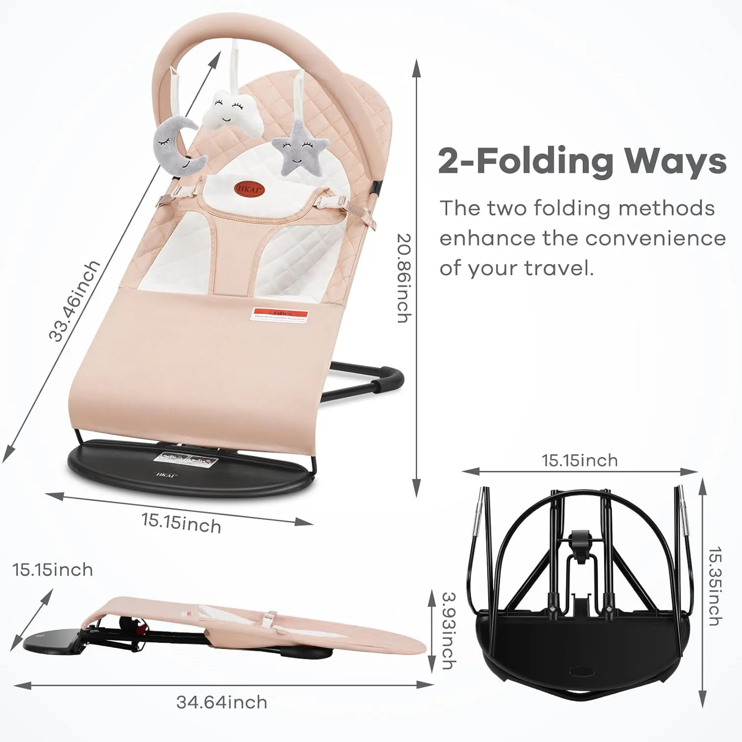 HKAI Baby Bouncer, Portable Baby Bouncer Seat for Babies 0-18 Months, 100% Cotton Fabrics, 3 Modes of use with Rocker and Stationary Options, Infant Rocker Chair with Hanging Toys-Organic Oat