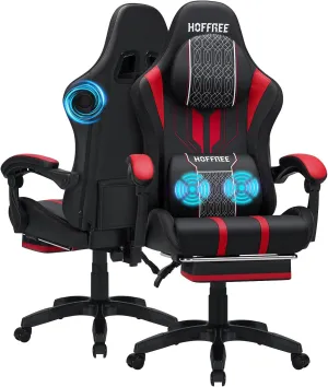 HOFFREE Gaming Chair with Bluetooth Speakers and Massage Big and Tall Video Game Chair for 400lbs with Footerst for Heavy People Reclining High Back Computer Desk Chair Red and Black