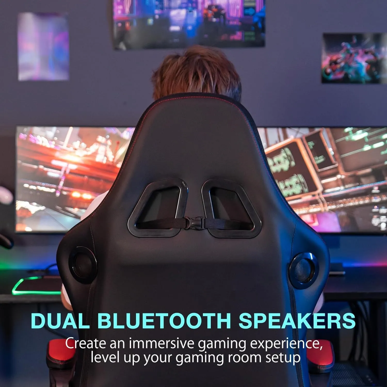 HOFFREE Gaming Chair with Bluetooth Speakers and Massage Big and Tall Video Game Chair for 400lbs with Footerst for Heavy People Reclining High Back Computer Desk Chair Red and Black
