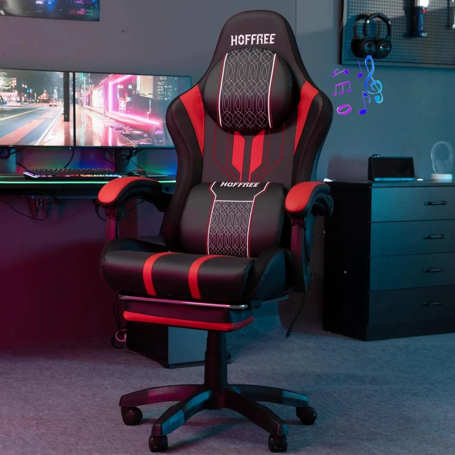 HOFFREE Gaming Chair with Bluetooth Speakers and Massage Big and Tall Video Game Chair for 400lbs with Footerst for Heavy People Reclining High Back Computer Desk Chair Red and Black