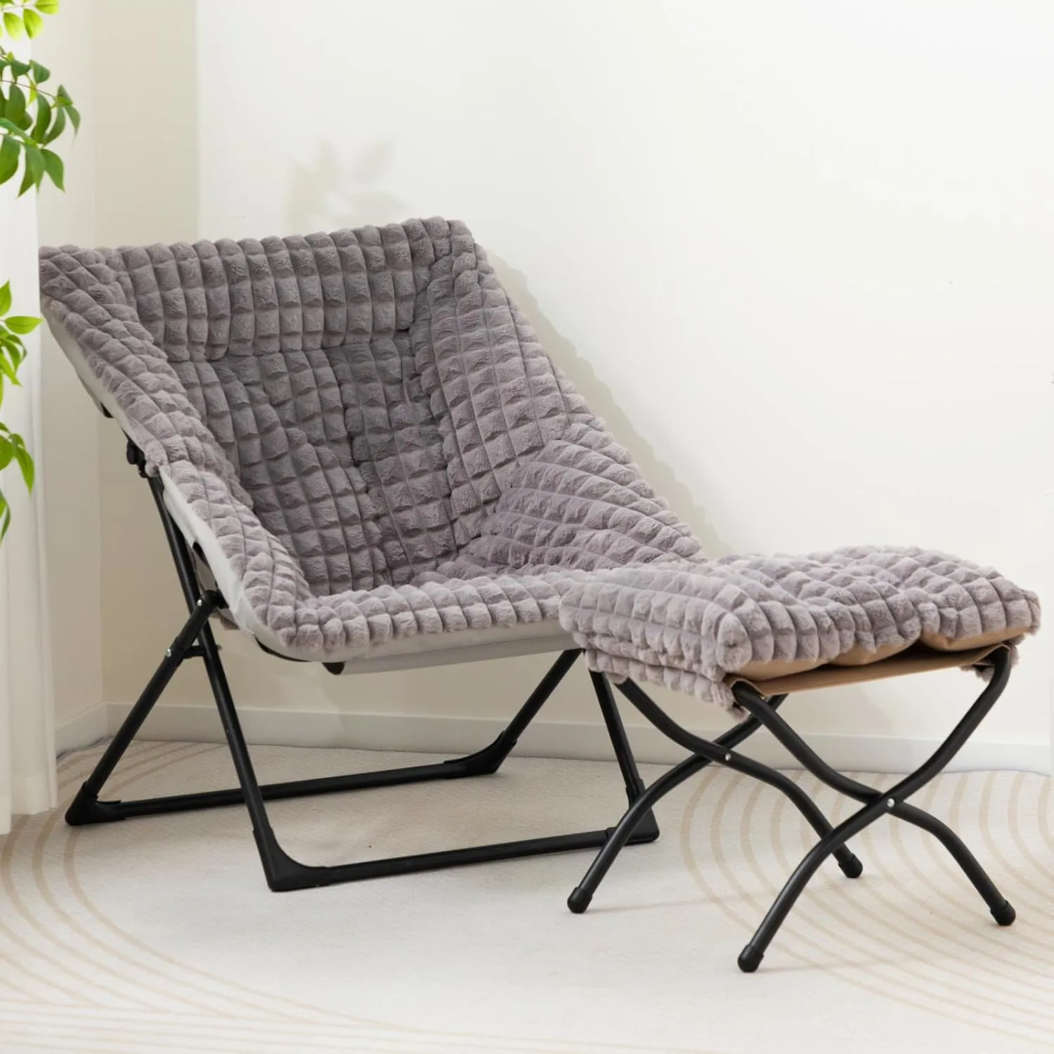 HollyHOME X-Large Saucer Chair with Foldable Ottoman, Comfy Oversized Folding Chair and Folding Footrest Stool Set, Faux-Fur Reading Chair and Footstool for Living Room, Blue&Grey Chair&Stool