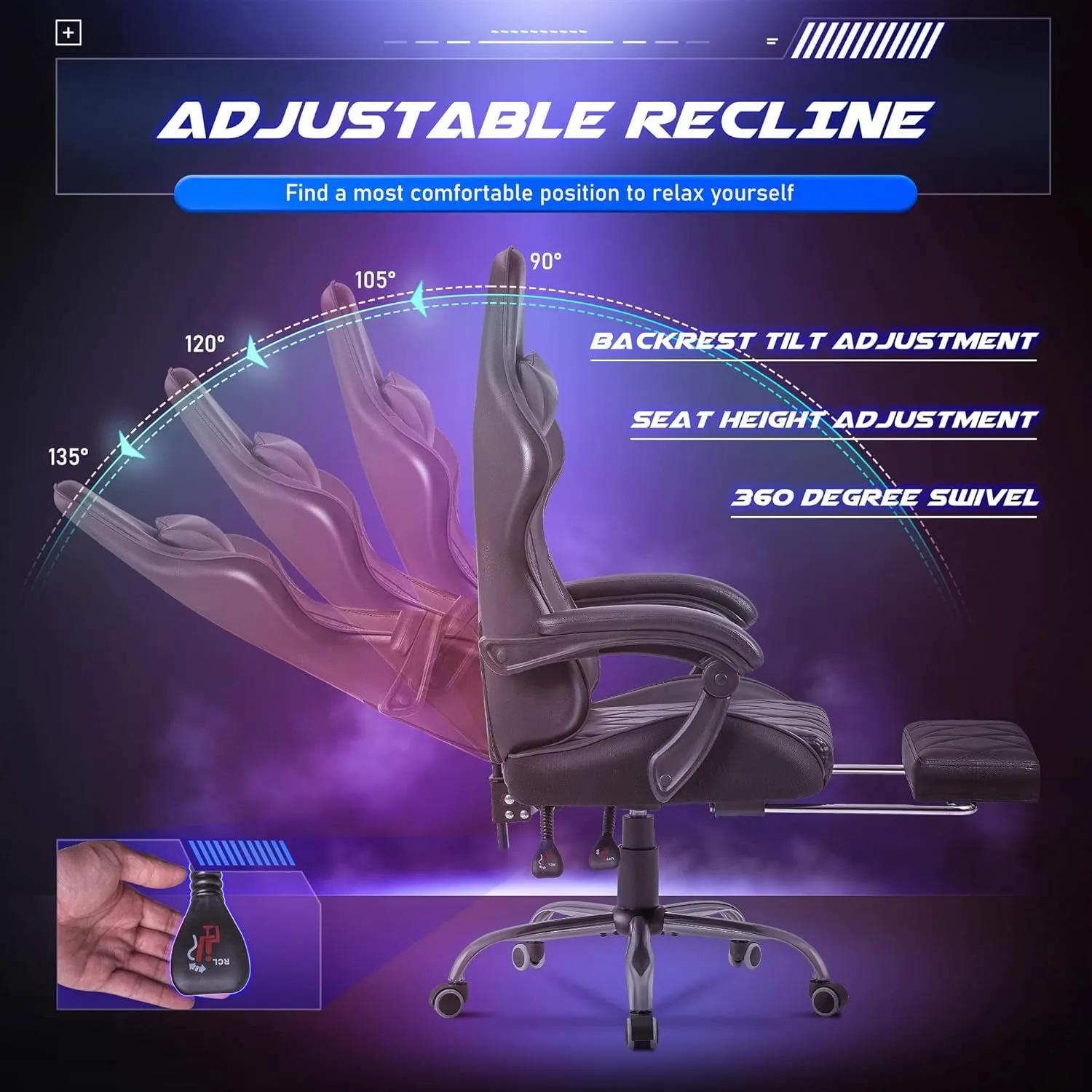 Homall Gaming Chair, Computer Chair with Footrest and Massage Lumbar Support, Ergonomic High Back Video Game Chair with Swivel Seat and Headrest (Dark Black)