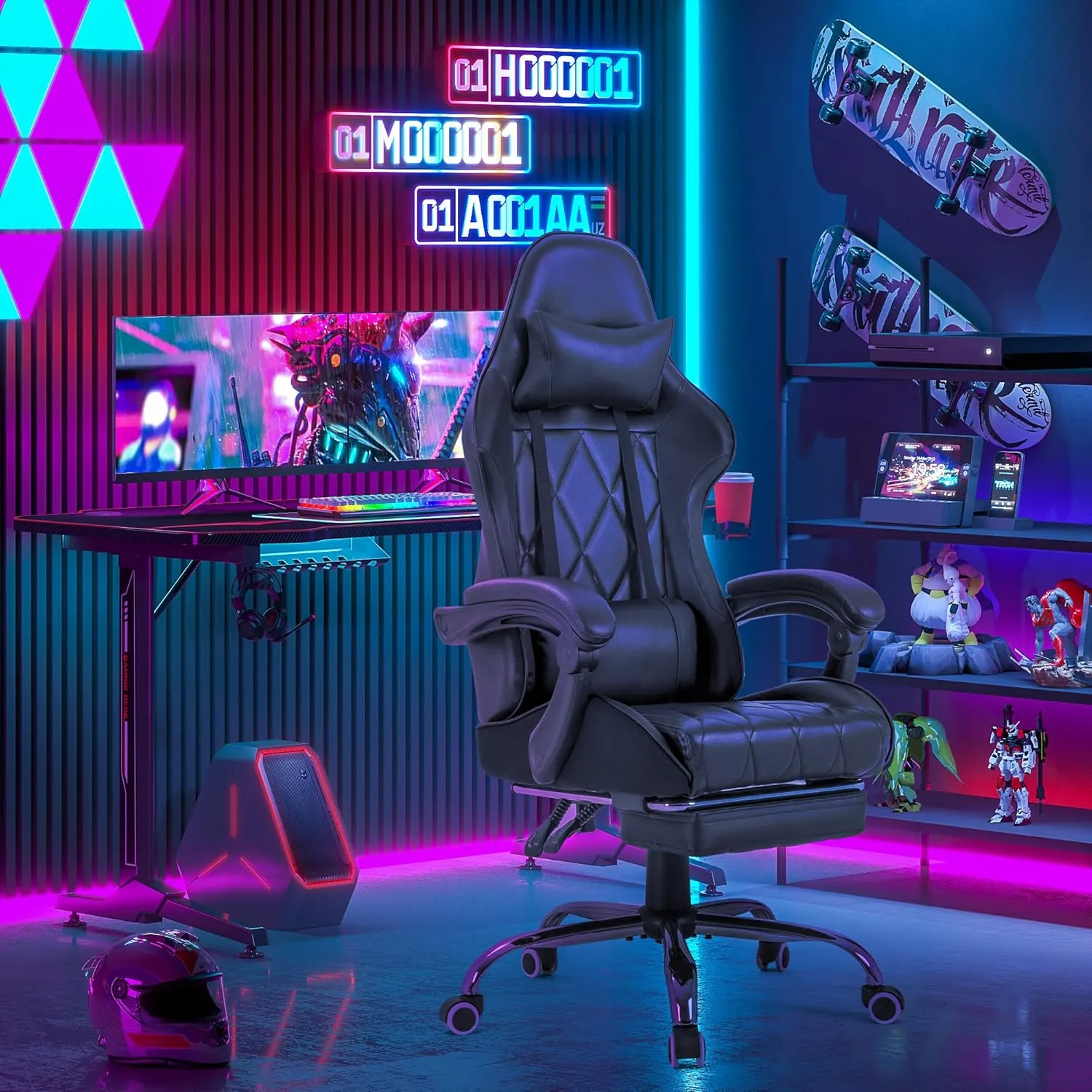 Homall Gaming Chair, Computer Chair with Footrest and Massage Lumbar Support, Ergonomic High Back Video Game Chair with Swivel Seat and Headrest (Dark Black)