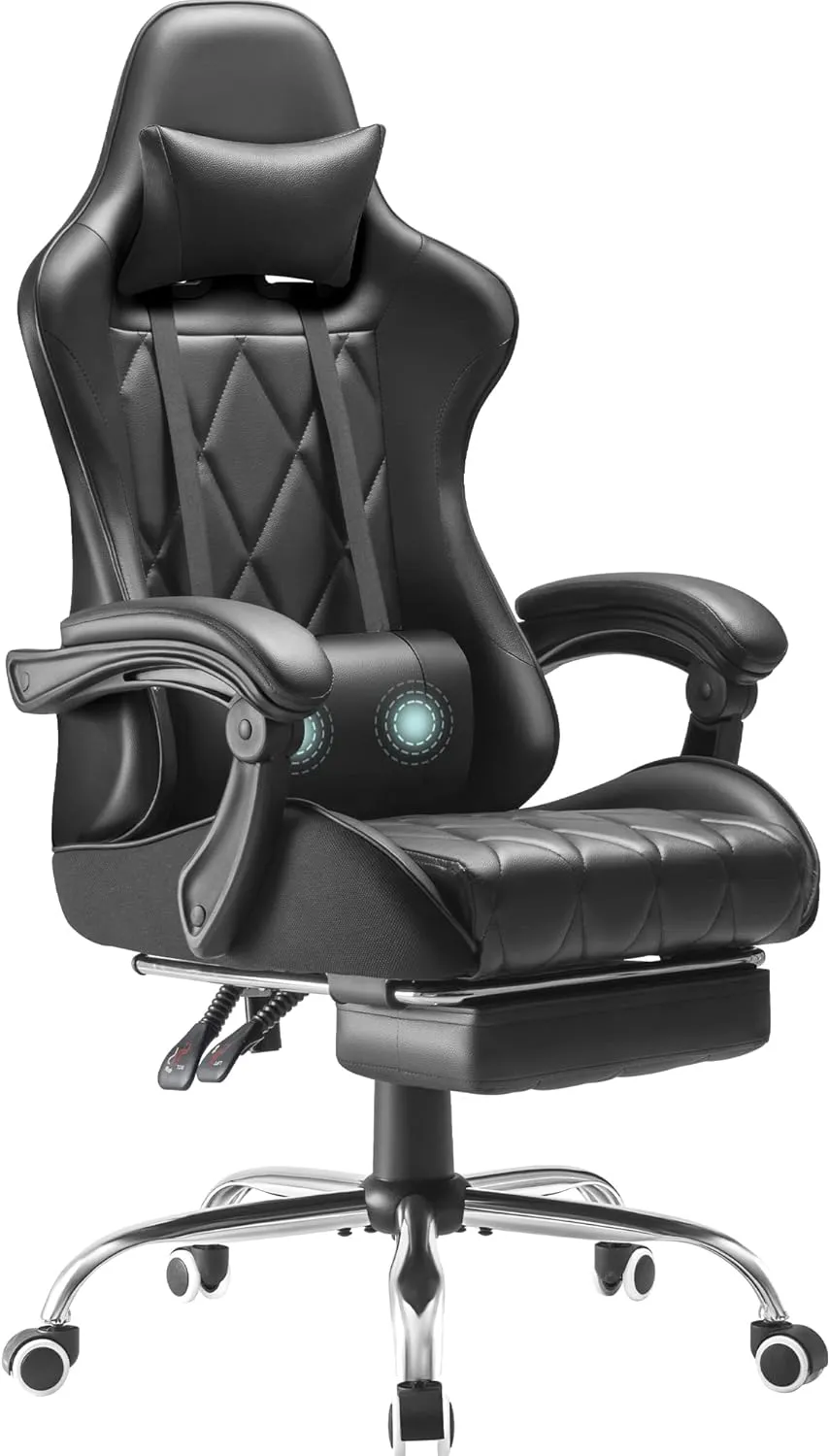 Homall Gaming Chair, Computer Chair with Footrest and Massage Lumbar Support, Ergonomic High Back Video Game Chair with Swivel Seat and Headrest (Dark Black)