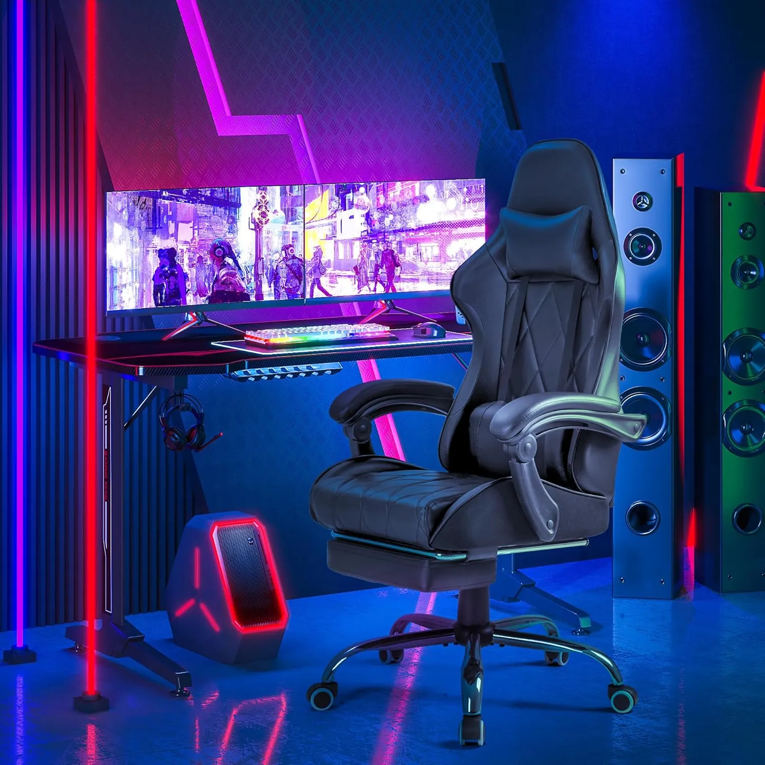 Homall Gaming Chair, Computer Chair with Footrest and Massage Lumbar Support, Ergonomic High Back Video Game Chair with Swivel Seat and Headrest (Dark Black)