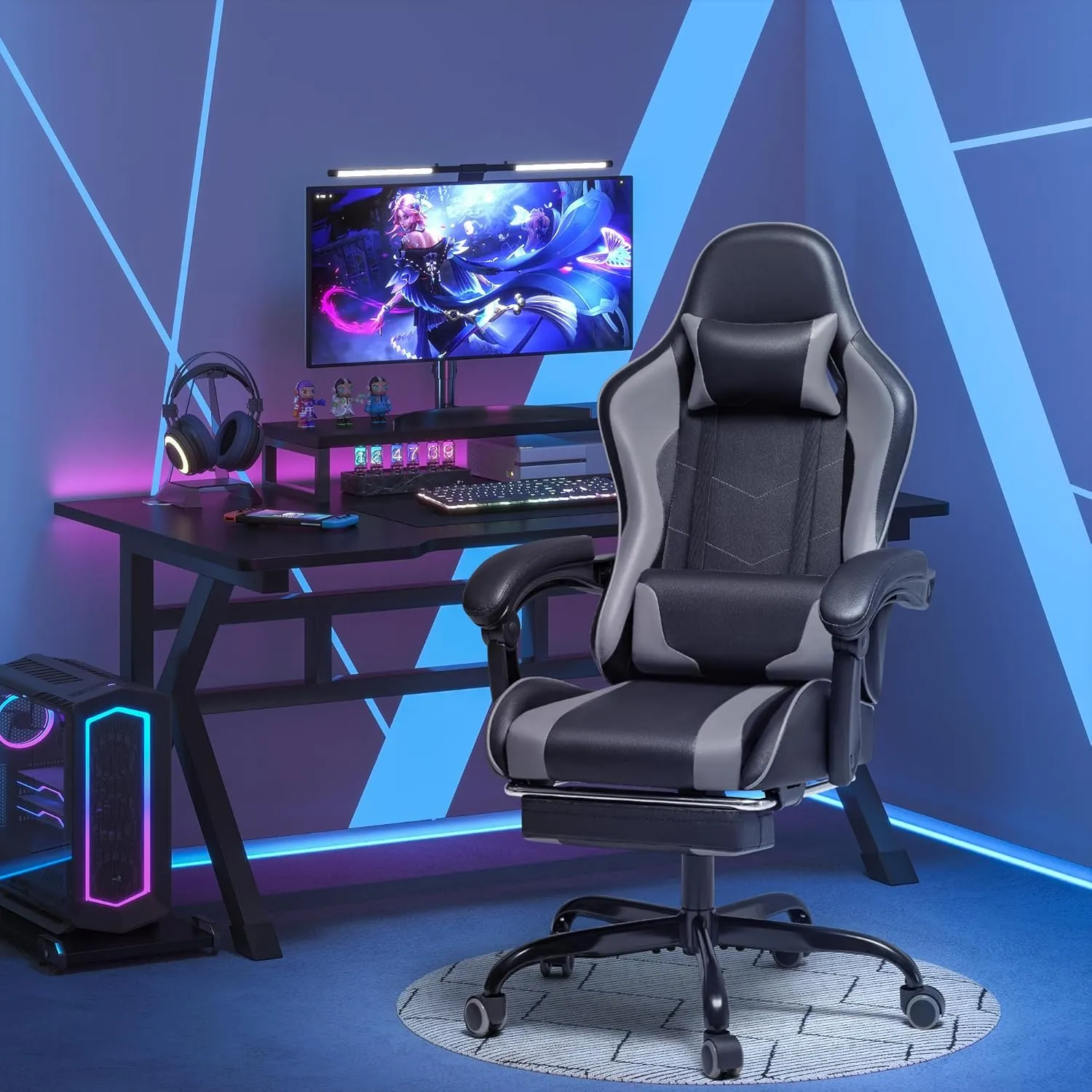 Homall Gaming Chair, Video Game Chair with Footrest and Massage Lumbar Support, Ergonomic Computer Chair Height Adjustable with Swivel Seat and Headrest (Grey)