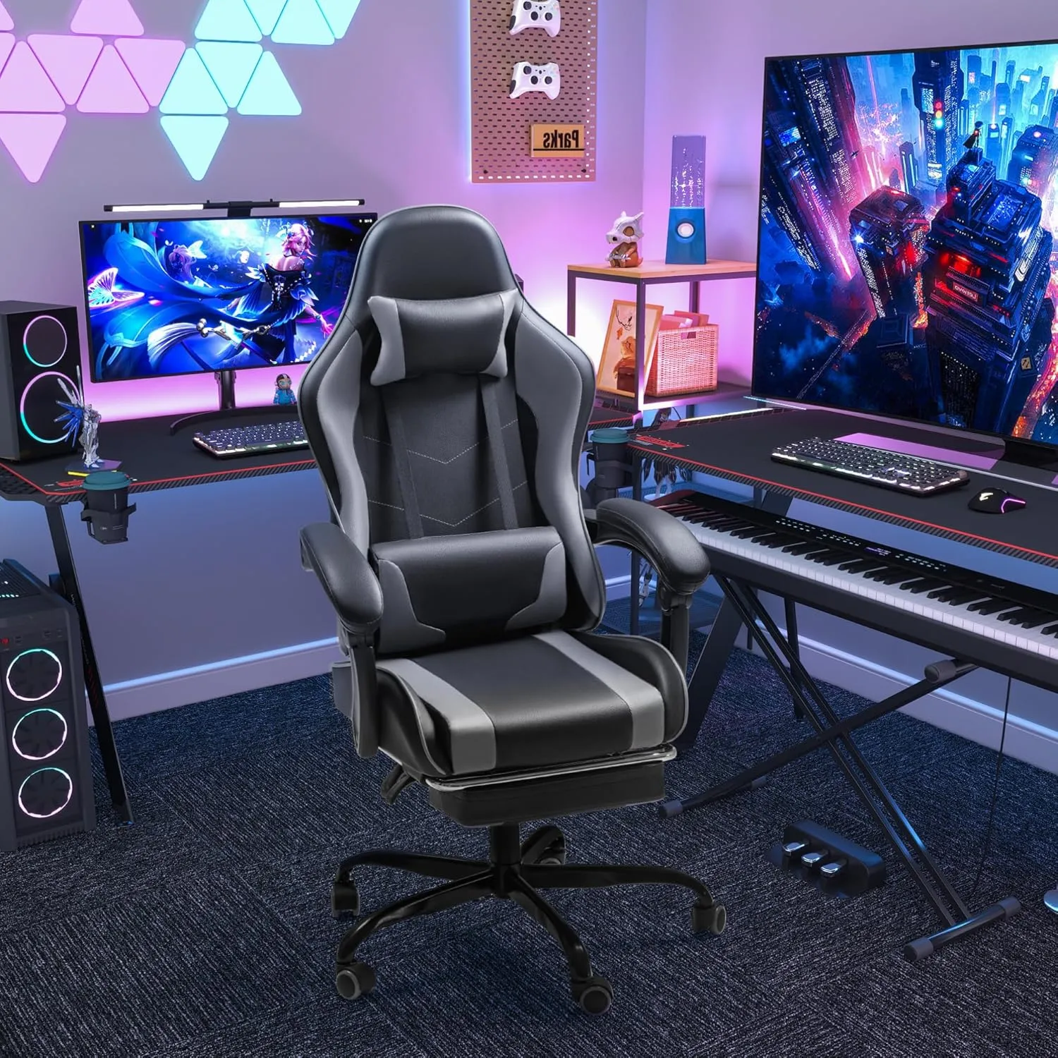 Homall Gaming Chair, Video Game Chair with Footrest and Massage Lumbar Support, Ergonomic Computer Chair Height Adjustable with Swivel Seat and Headrest (Grey)
