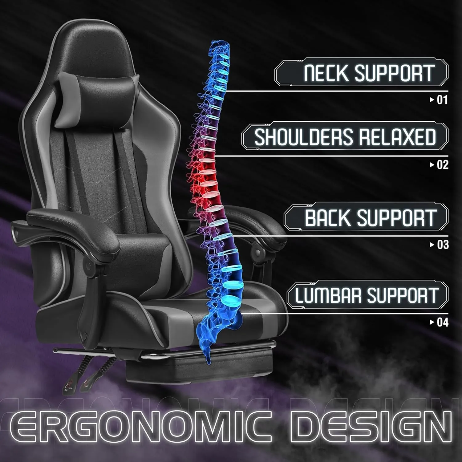 Homall Gaming Chair, Video Game Chair with Footrest and Massage Lumbar Support, Ergonomic Computer Chair Height Adjustable with Swivel Seat and Headrest (Grey)
