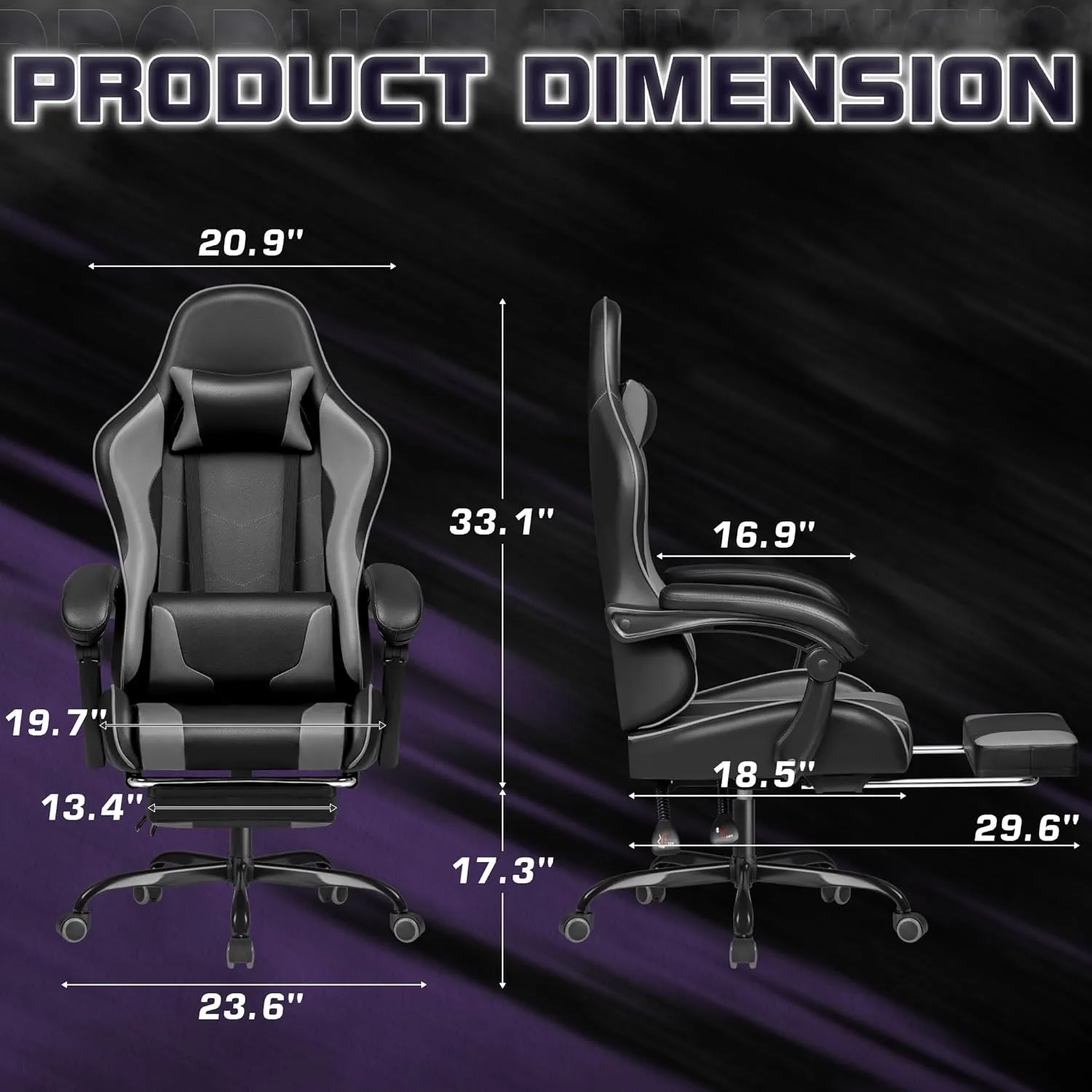 Homall Gaming Chair, Video Game Chair with Footrest and Massage Lumbar Support, Ergonomic Computer Chair Height Adjustable with Swivel Seat and Headrest (Grey)