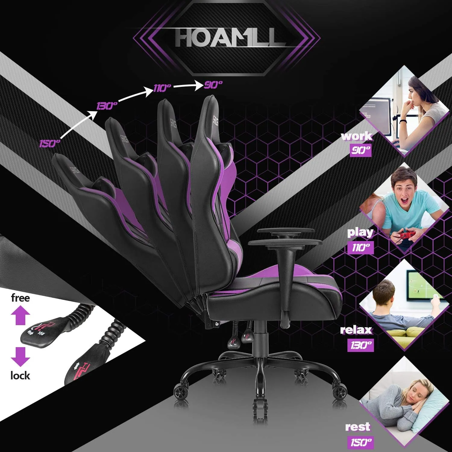 Homall Gaming Office Computer Chair - High Back Racing Desk PU Leather Adjustable Seat Height Swivel Ergonomic Executive With Headrest for Adults (Violet)