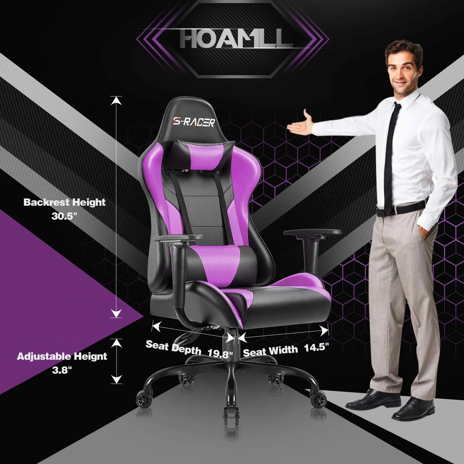 Homall Gaming Office Computer Chair - High Back Racing Desk PU Leather Adjustable Seat Height Swivel Ergonomic Executive With Headrest for Adults (Violet)
